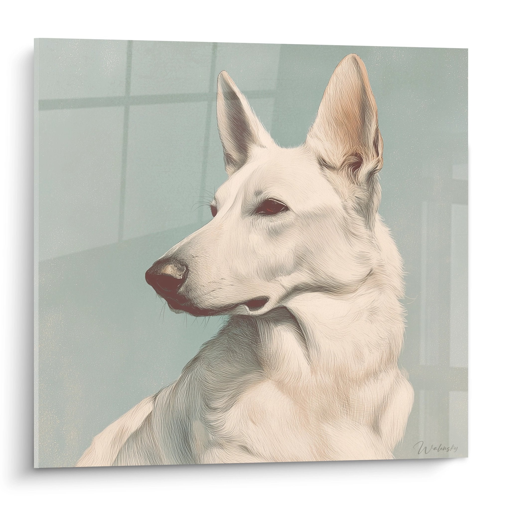 Portrait élégant de Berger Blanc Suisse sur fond vert menthe, style artistique moderne et apaisant