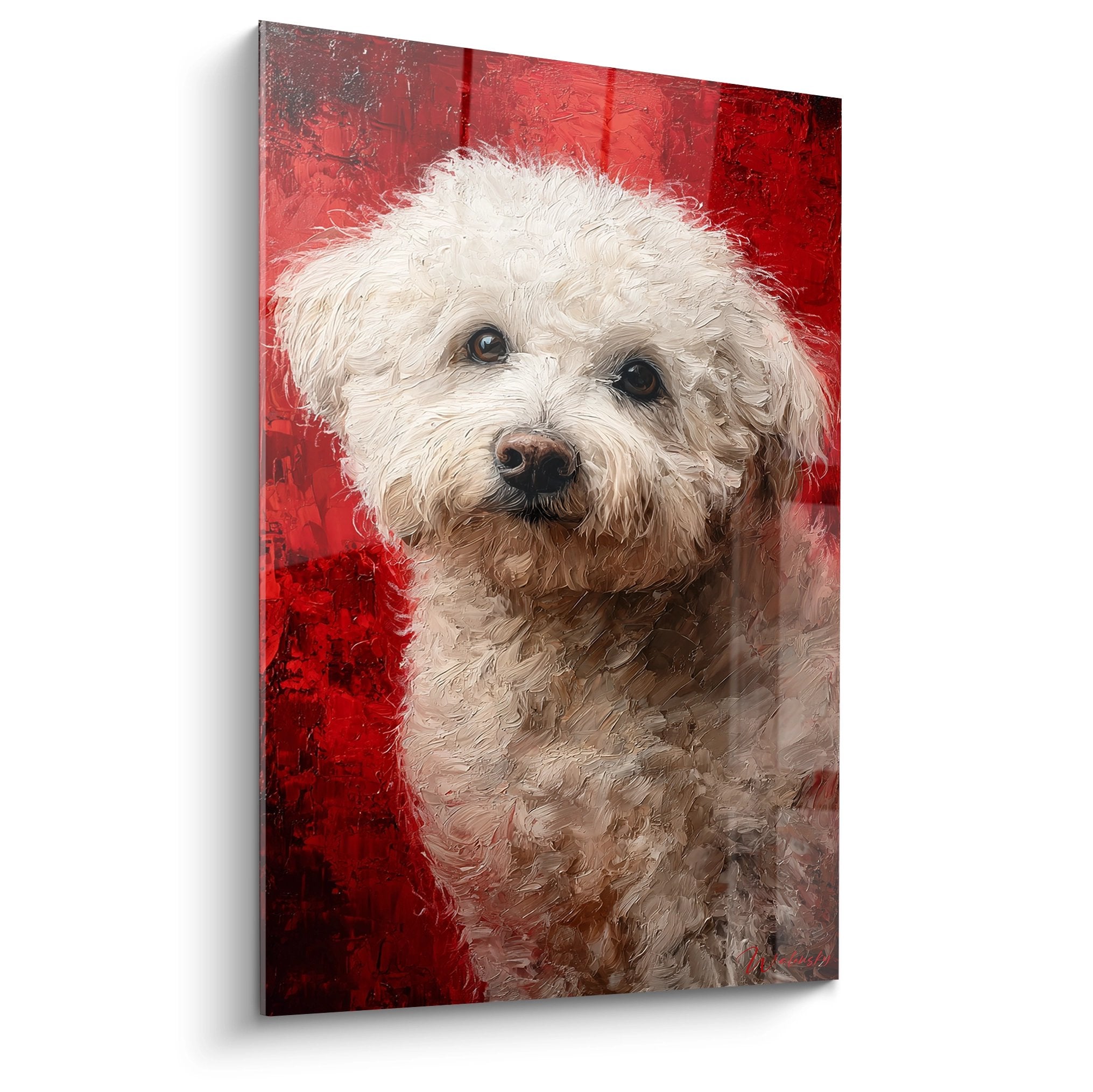 Portrait artistique Bichon Havanais pelage blanc boucle regard tendre fond rouge ecarlate tableau mural