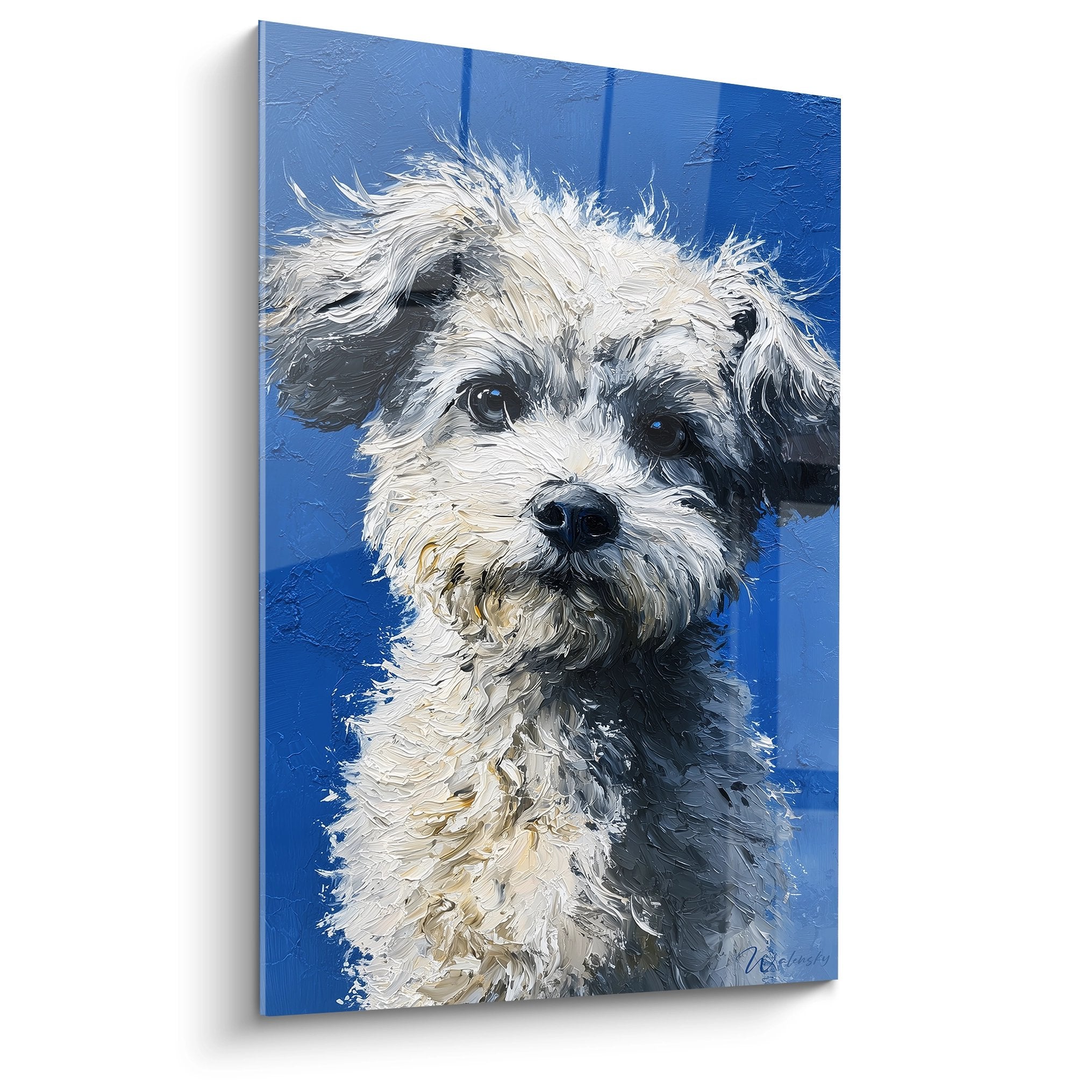 Portrait peinture Bichon Havanais pelage creme yeux bruns fond bleu cobalt tableau mural decoratif