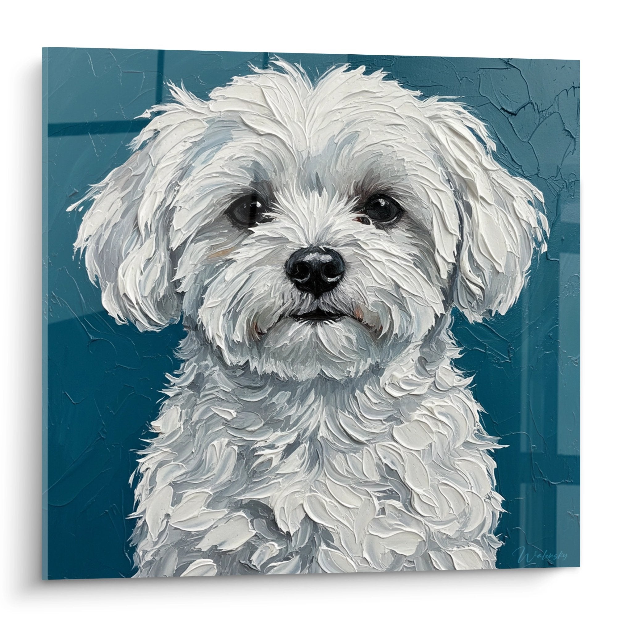 Artistic portrait Maltese Bichon white coat expressive eyes turquoise blue background decorative wall art
