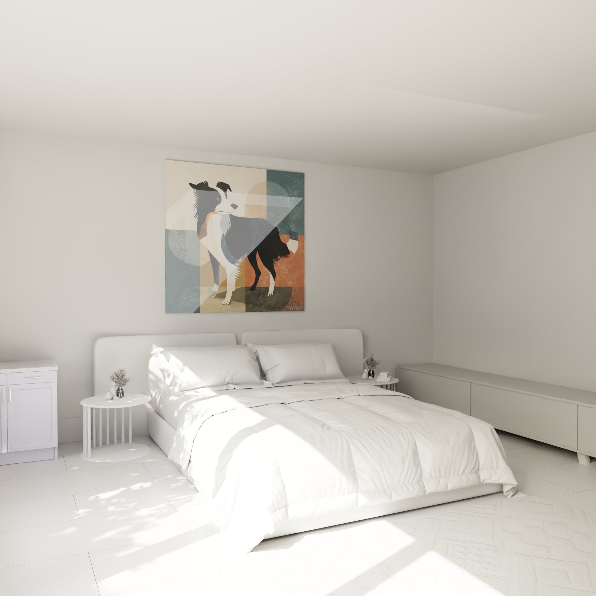 Geometrisches Border-Collie-Porträt in modernem Schlafzimmer mit Terrakotta- und Beigetönen