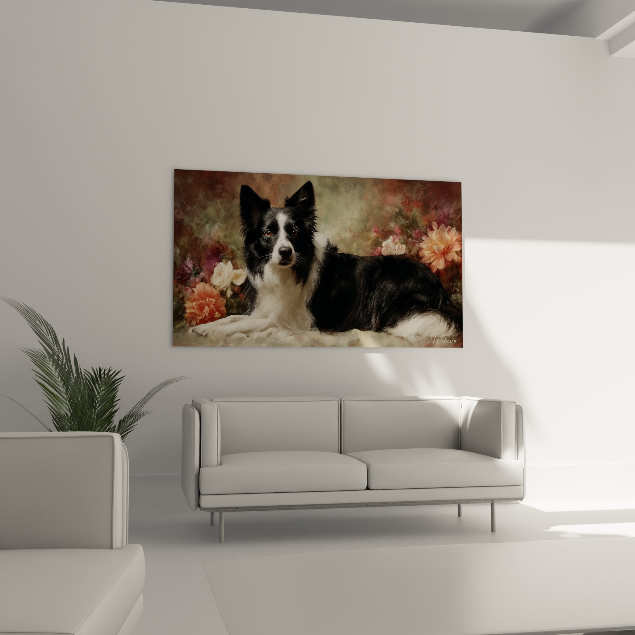 Détail gros plan Border Collie yeux ambrés expression tendre pivoines roses pêche arrière-plan