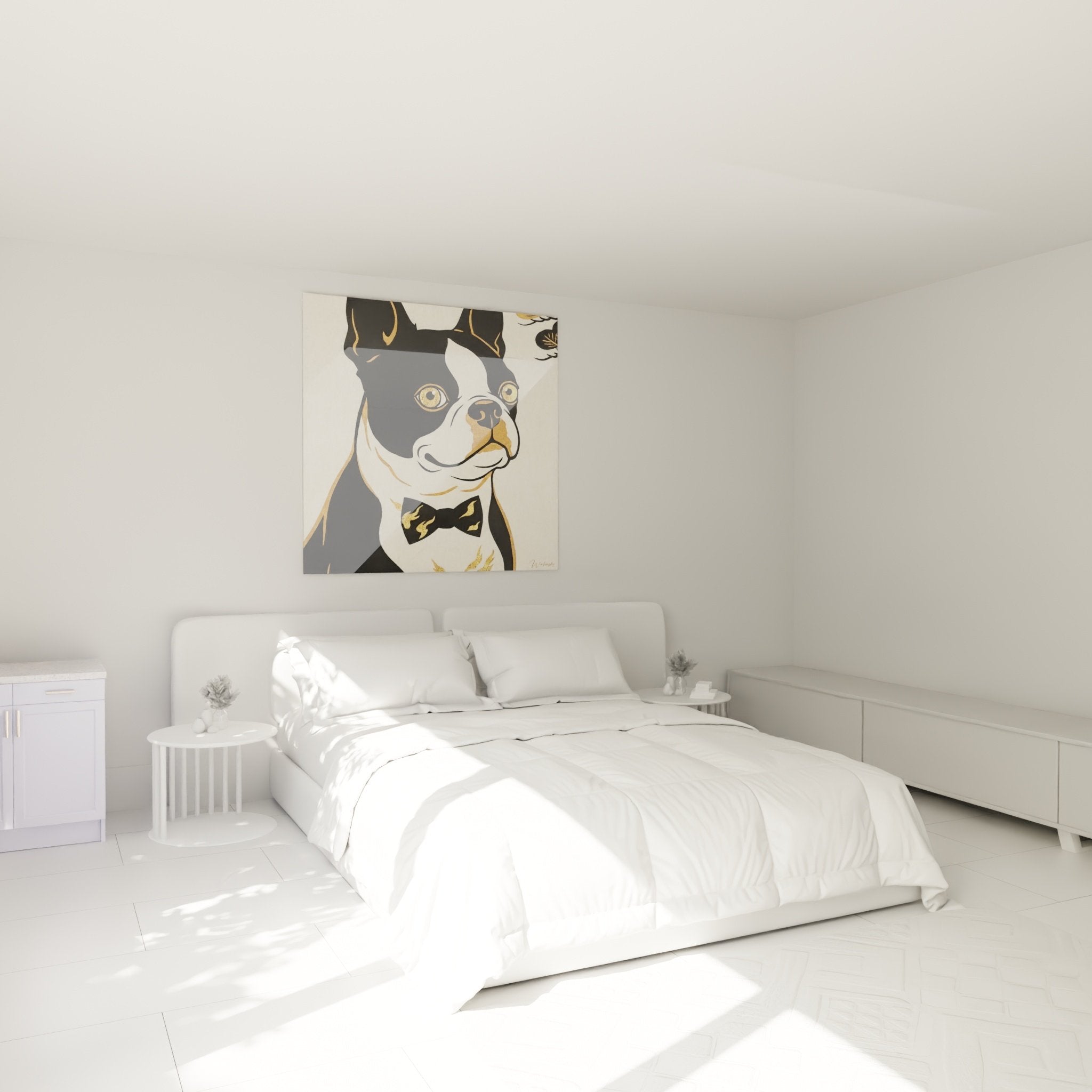 Portrait Boston Terrier distingue dans chambre moderne decoration murale chic animal domestique