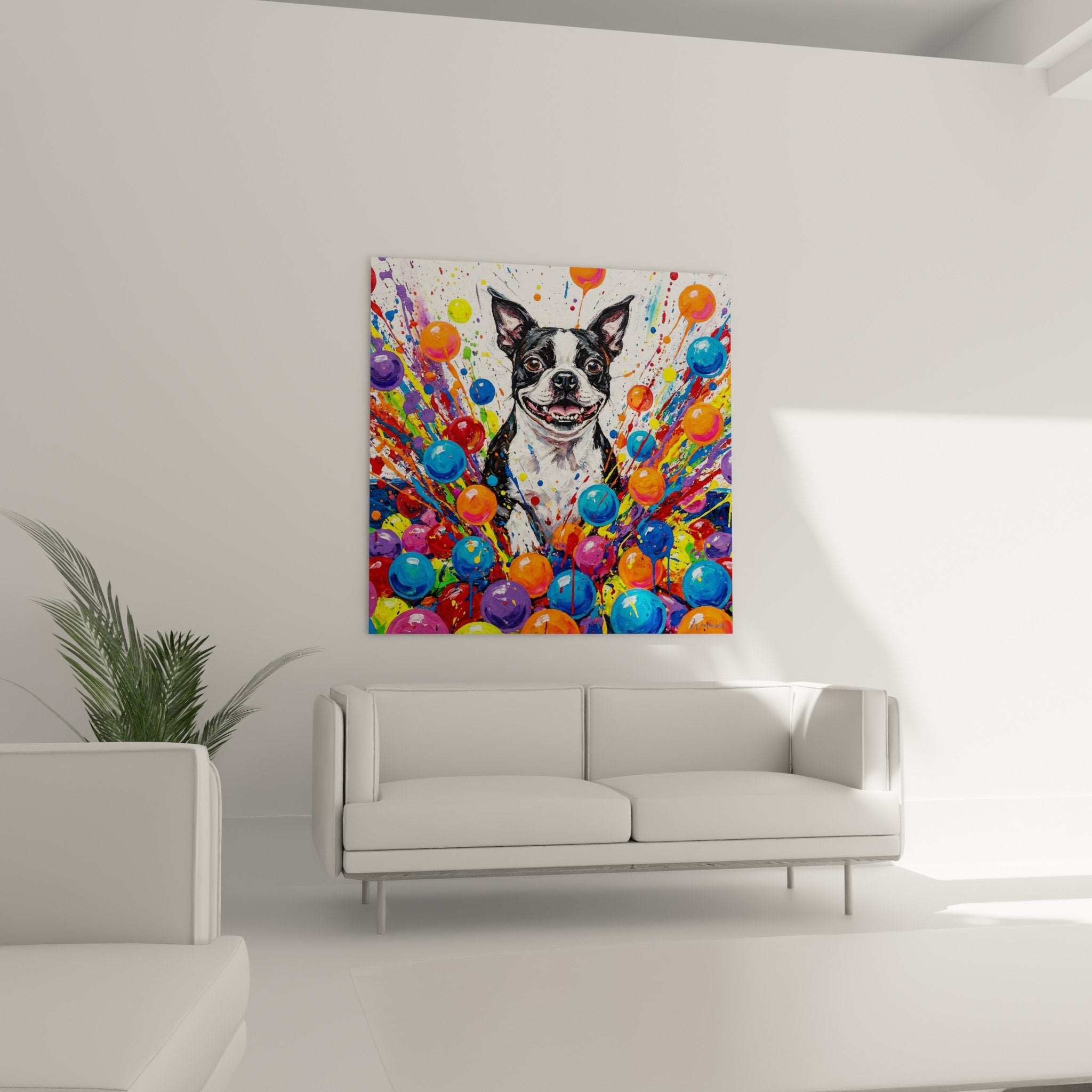 Nahaufnahme Porträt Lächelnder Boston Terrier mit ausdrucksstarken Augen und farbigen Farbspritzern