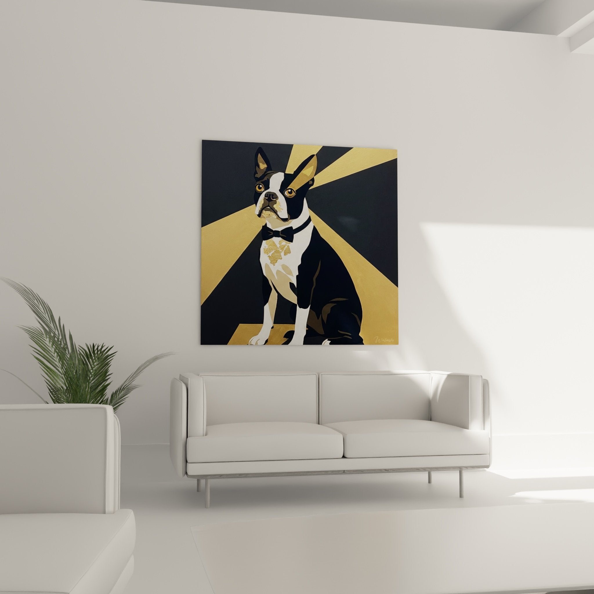 Gros plan sur le portrait sophistiqué du Boston Terrier en tenue de soirée avec détails du nœud papillon