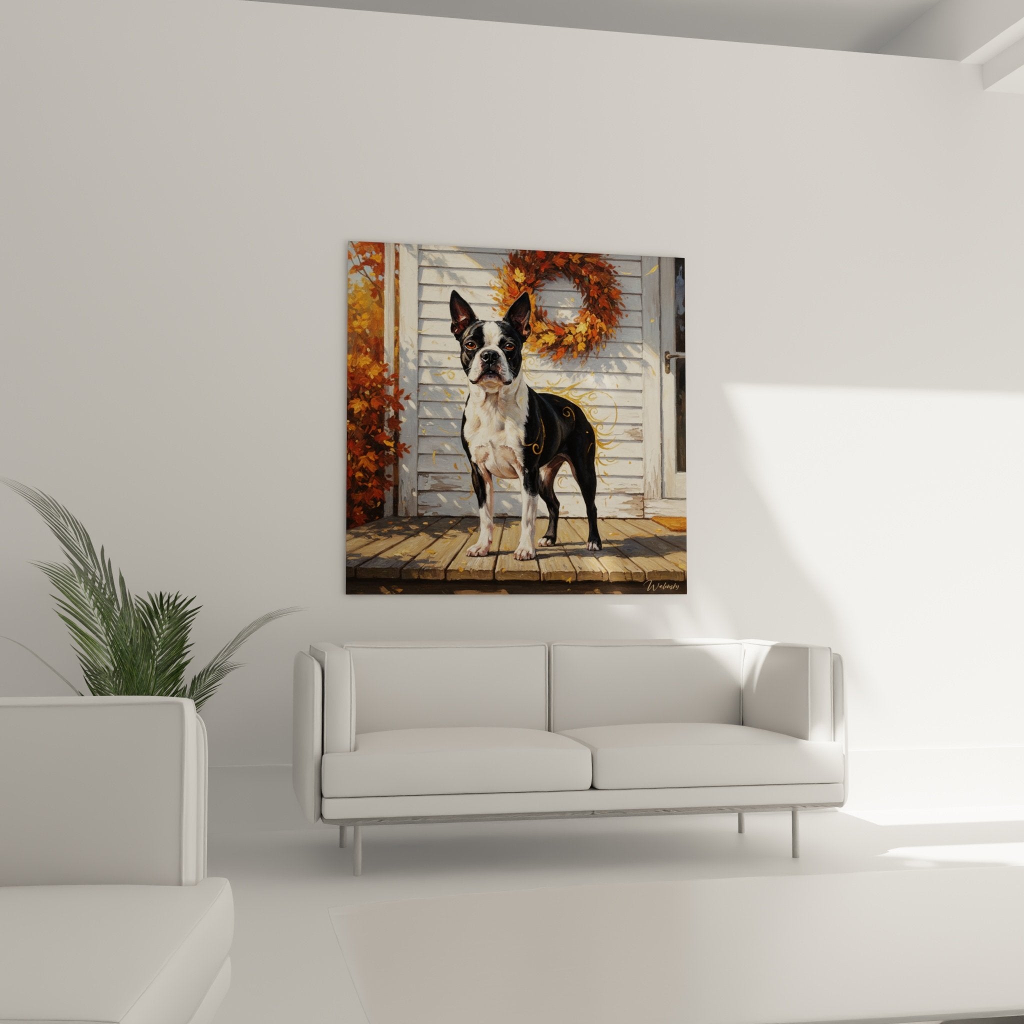 Detail portrait Boston Terrier realiste yeux ambre pelage noir blanc art mural