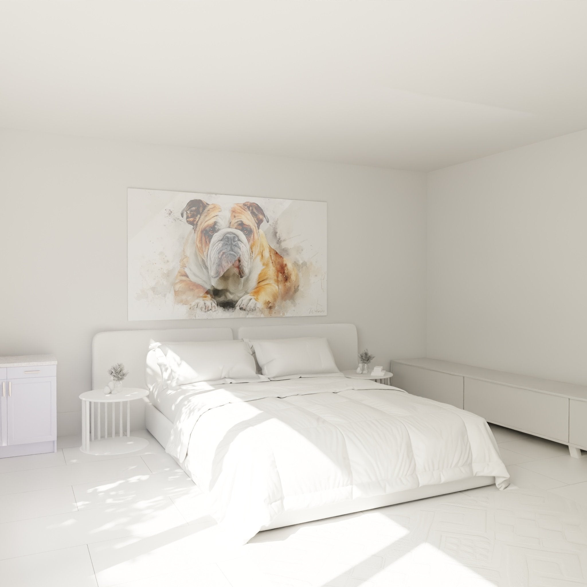 Portrait bouledogue anglais style aquarelle moderne accroche dans chambre decoration murale chaleureuse