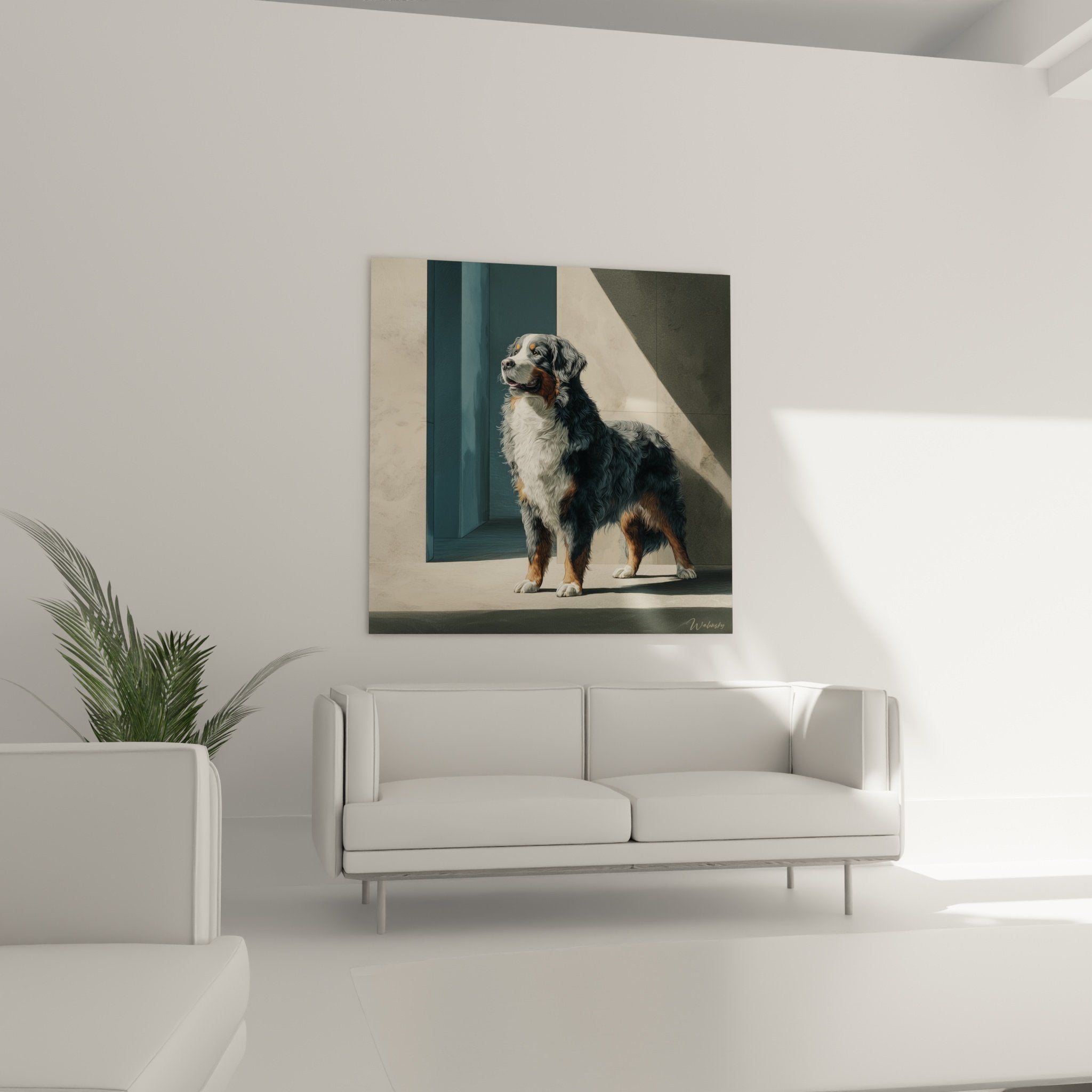 Bernese Mountain Dog portrait detail black white fawn coat peaceful gaze golden light