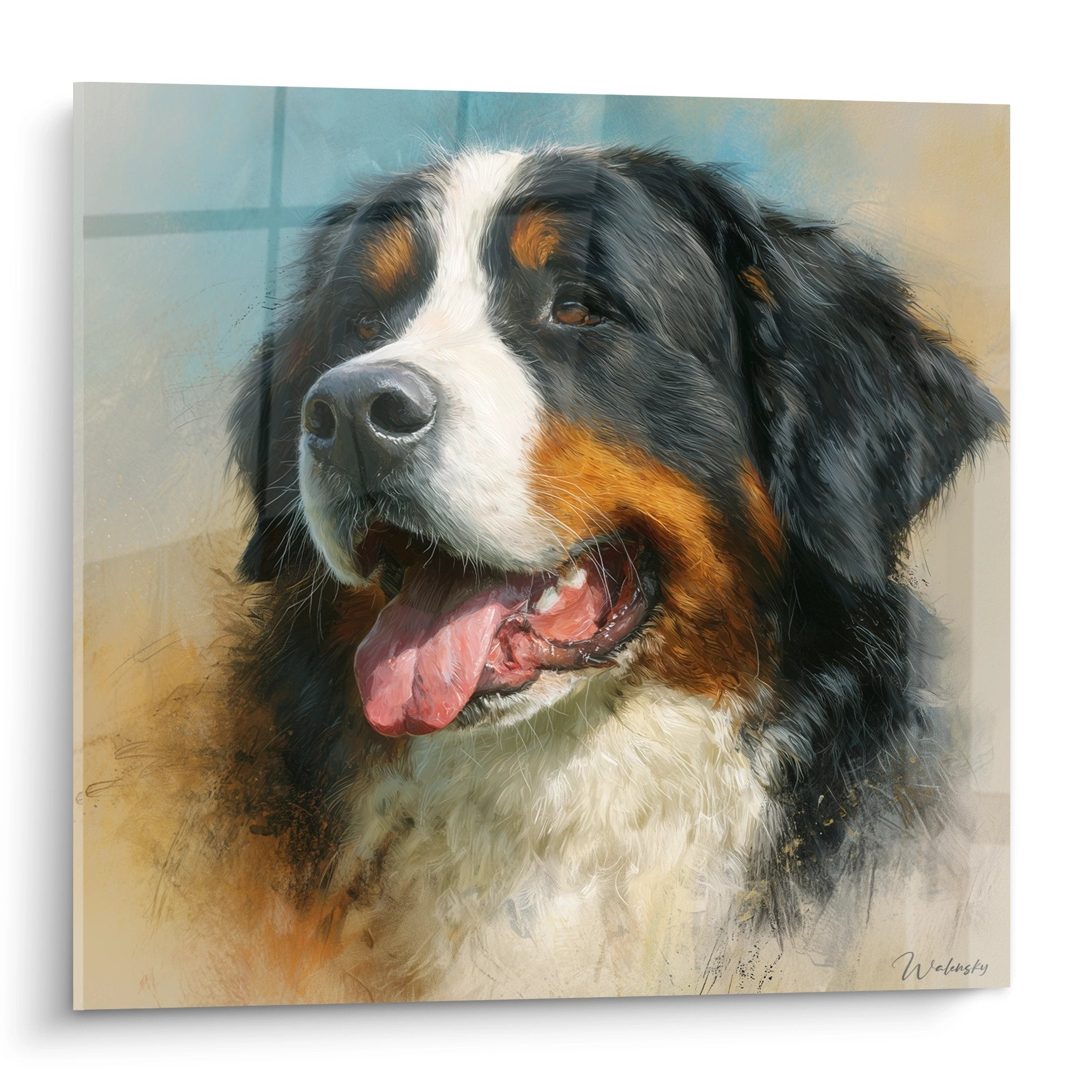 Portrait artistique d'un Bouvier Bernois au regard doux langue tirée sur fond doré tableau mural décoratif