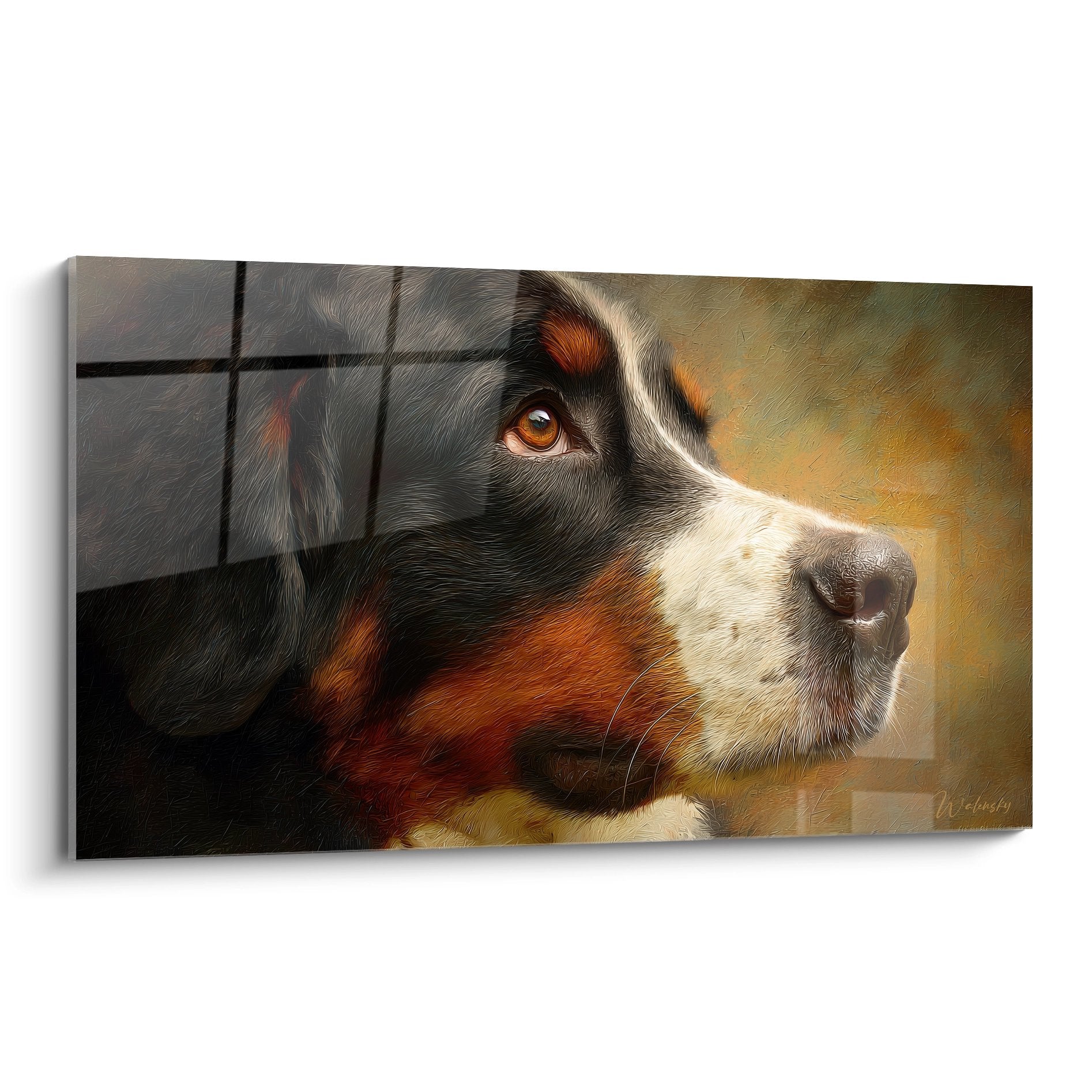Artistic portrait Bernese Mountain Dog melancholic gaze behind bars warm golden tones