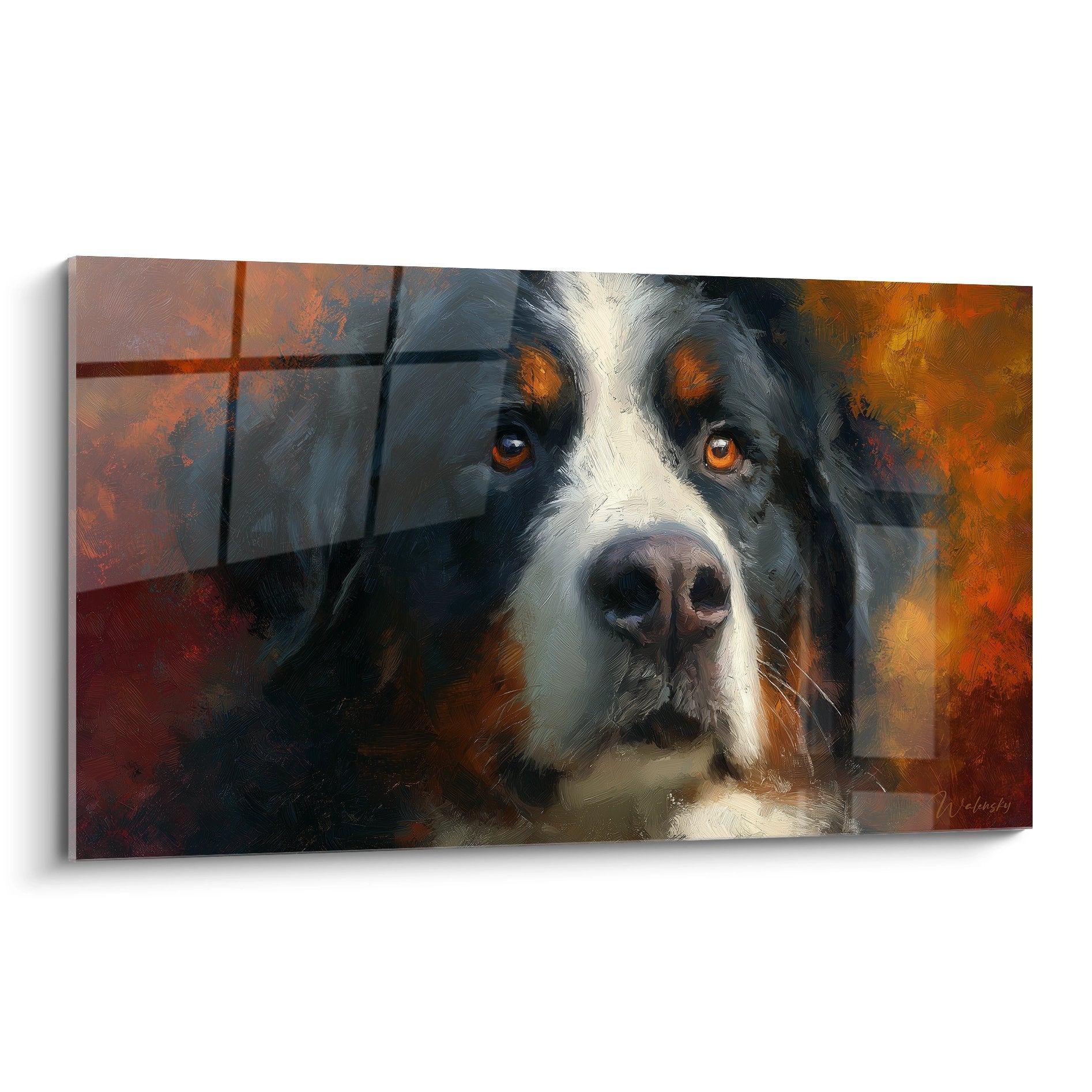 Melancholic Bernese Mountain Dog portrait autumn tones orange ochre thoughtful gaze golden eyes artistic painting