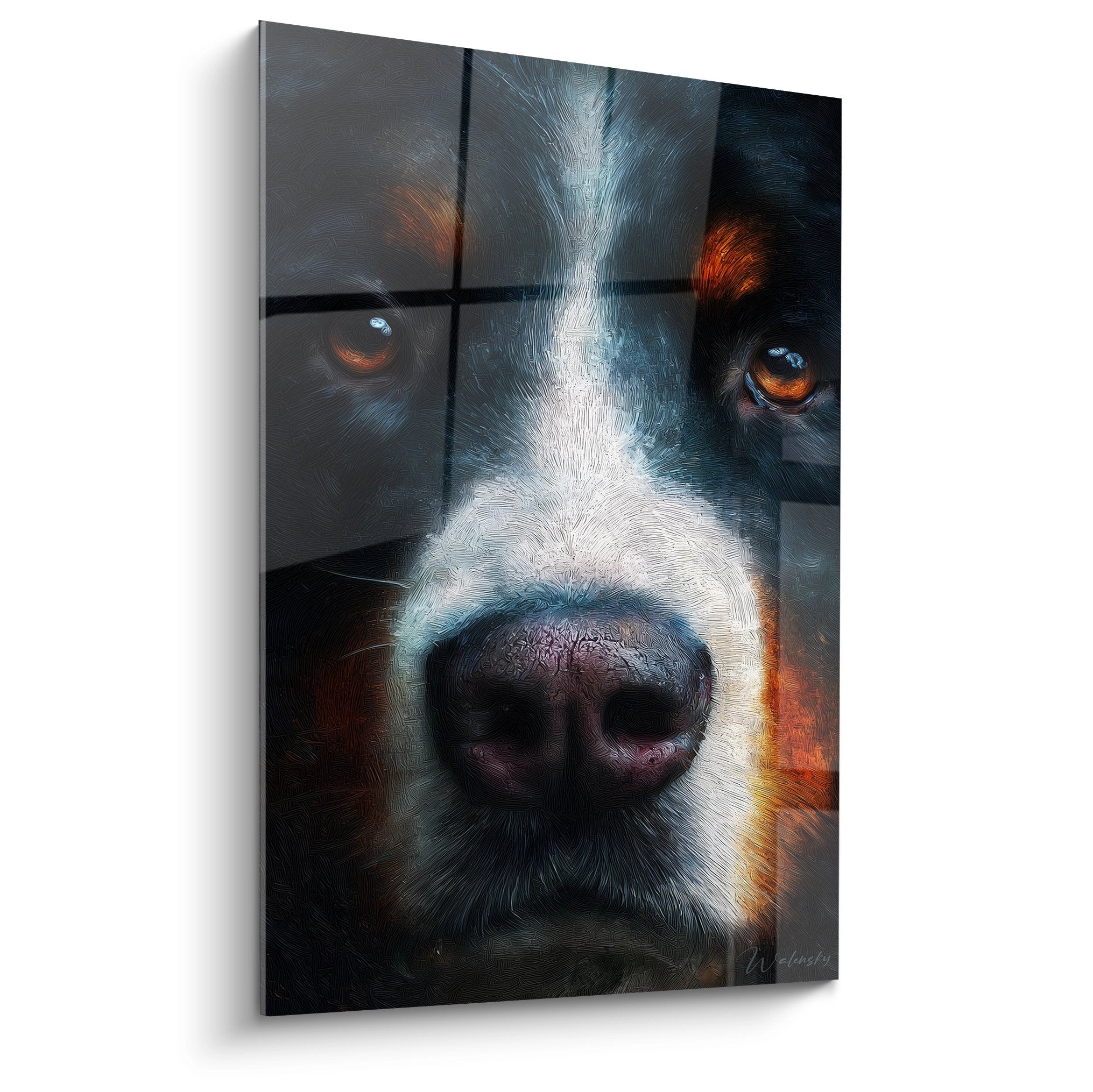 Close-up portrait Bernese Mountain Dog golden eyes gray white rust coat black nose modern artwork