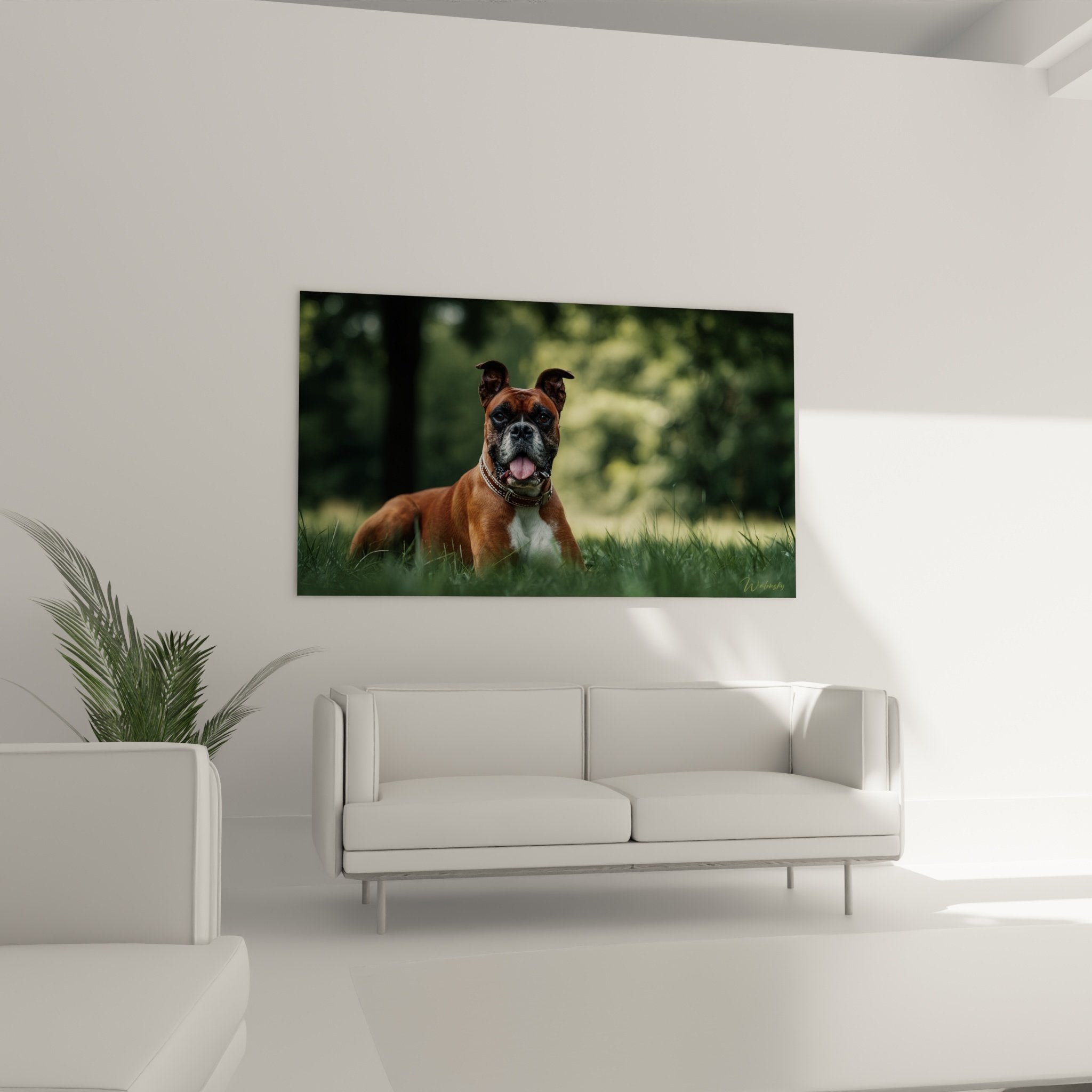 Gros plan visage Boxer bringé aux yeux expressifs sur toile art mural canin
