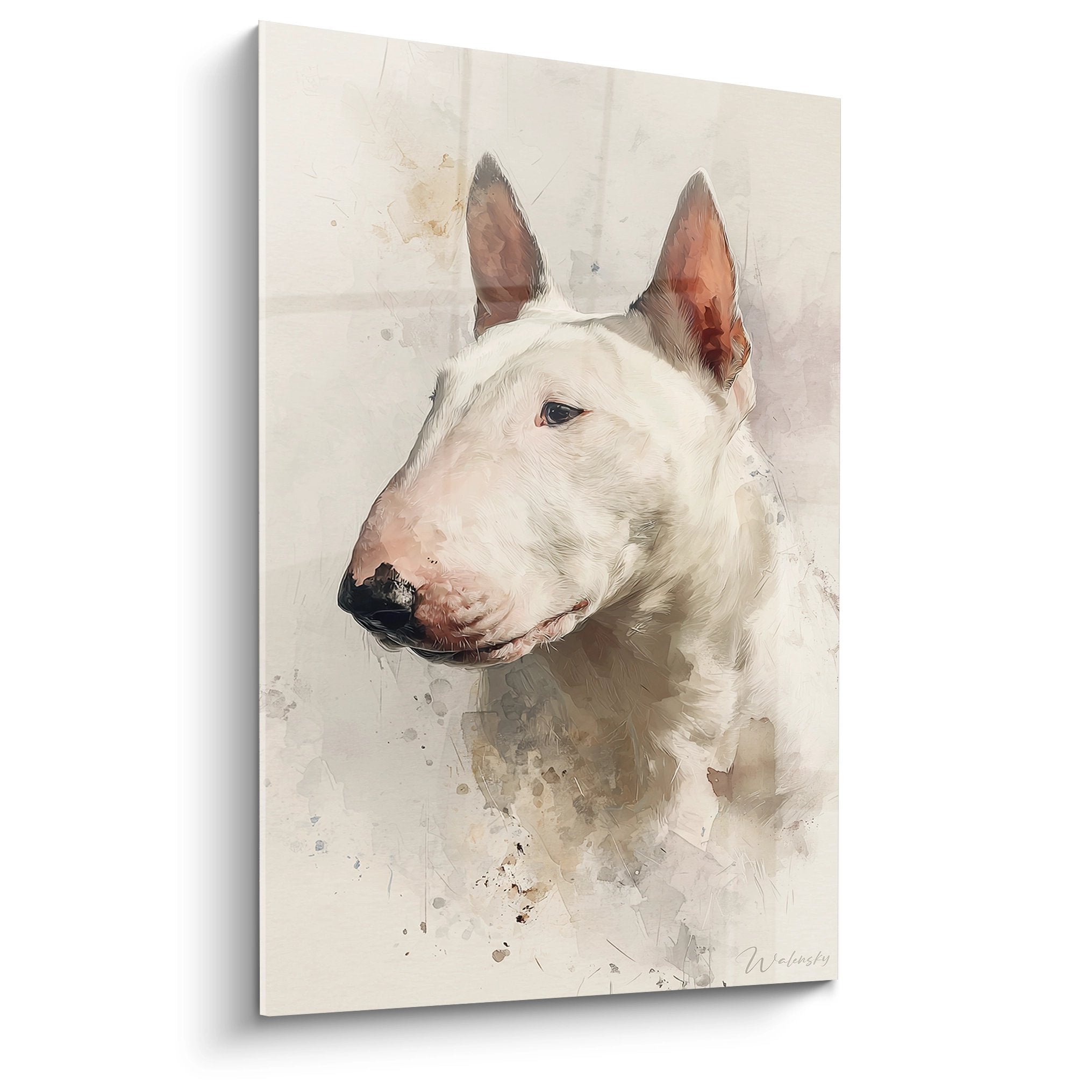 Portrait aquarelle bull terrier blanc yeux bleus regard contemplatif fond beige nuance artistique douce