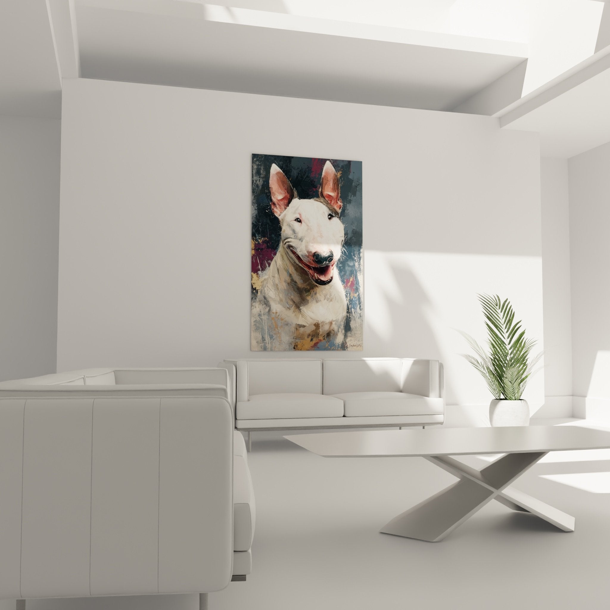 Gros plan portrait bull terrier blanc expression souriante yeux petillants peinture realiste moderne