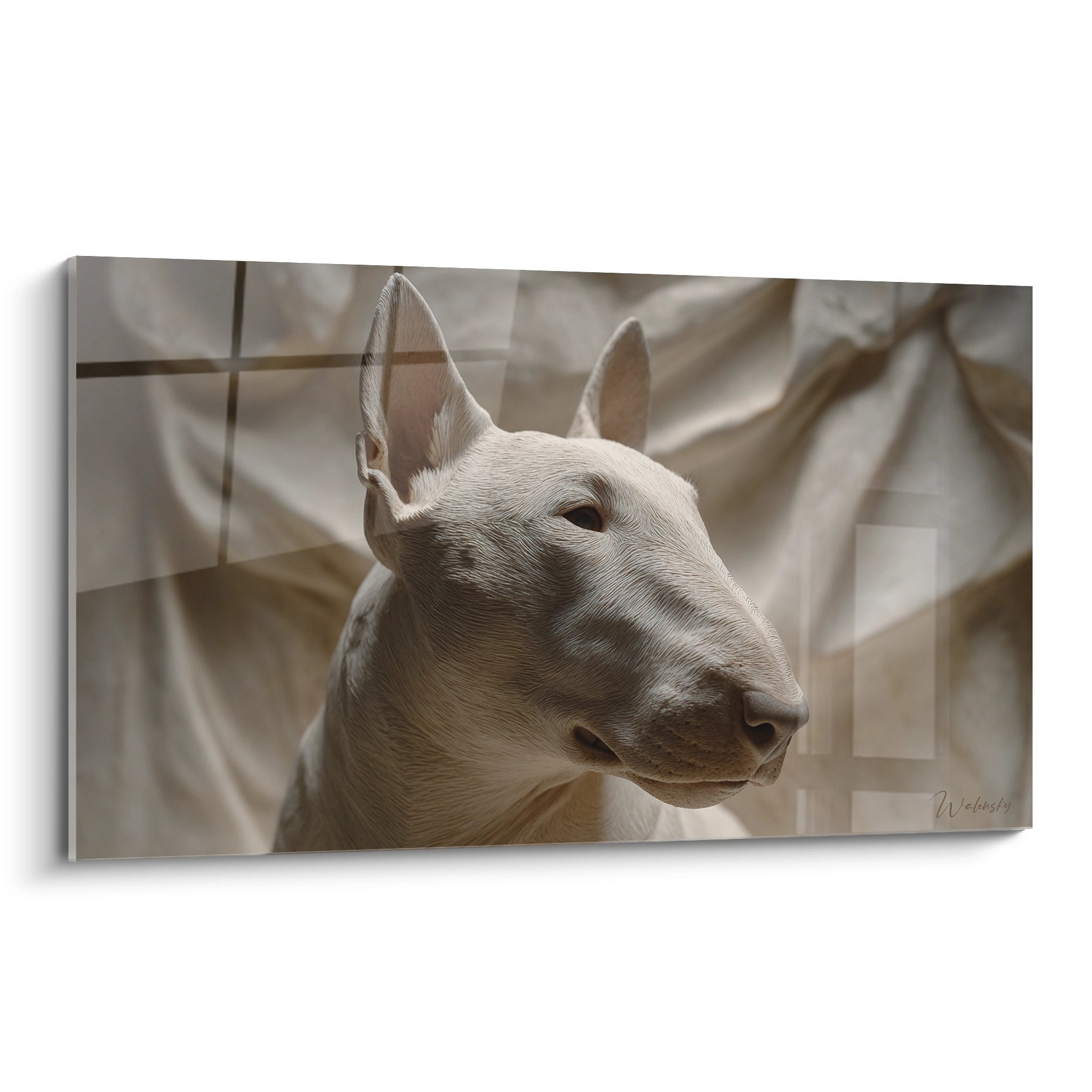 Portrait artistic Bull Terrier blanc profil noble tons beiges decoration murale