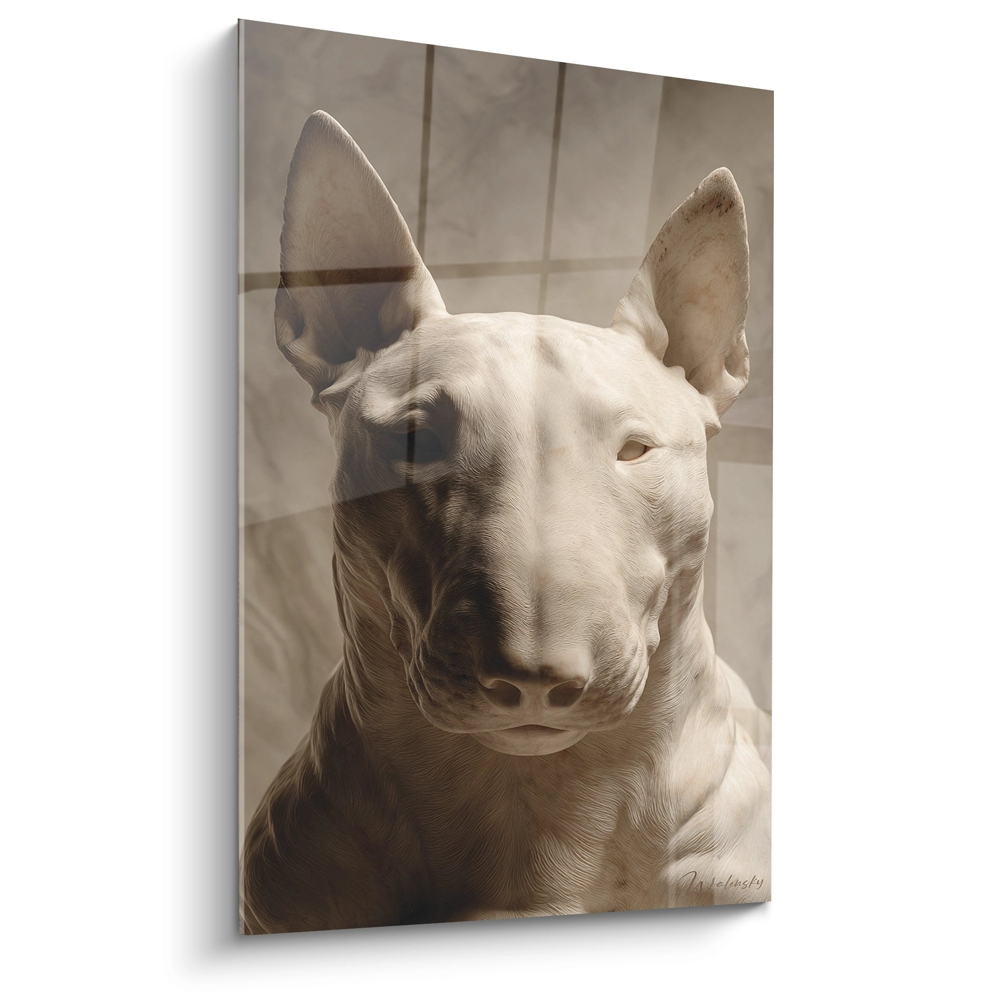 Portrait de Bull Terrier blanc aux tons sepia, regard intense et oreilles dressees sur fond beige neutre