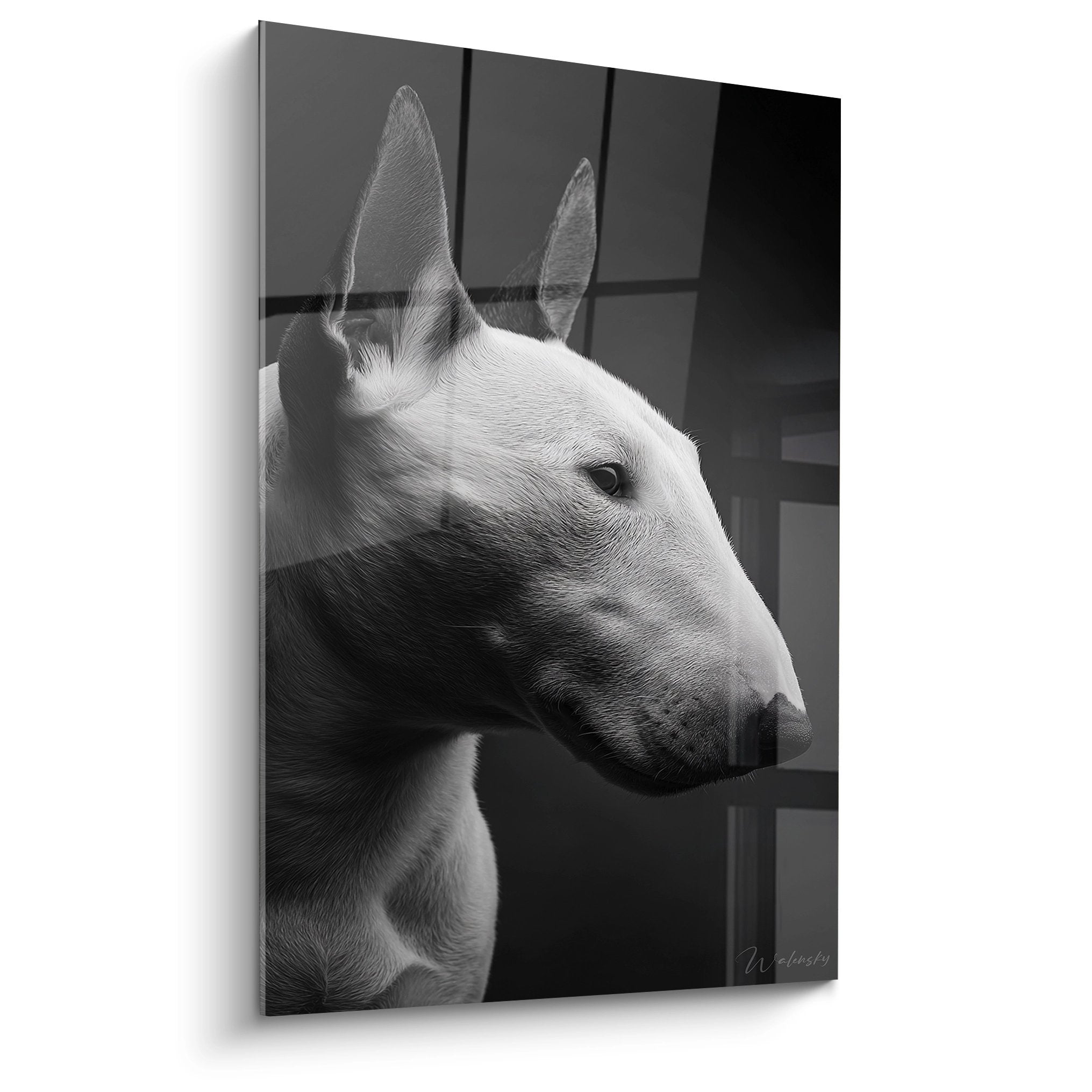 Portrait artistique Bull Terrier profil noir blanc tableau mural decoration canine contemporaine