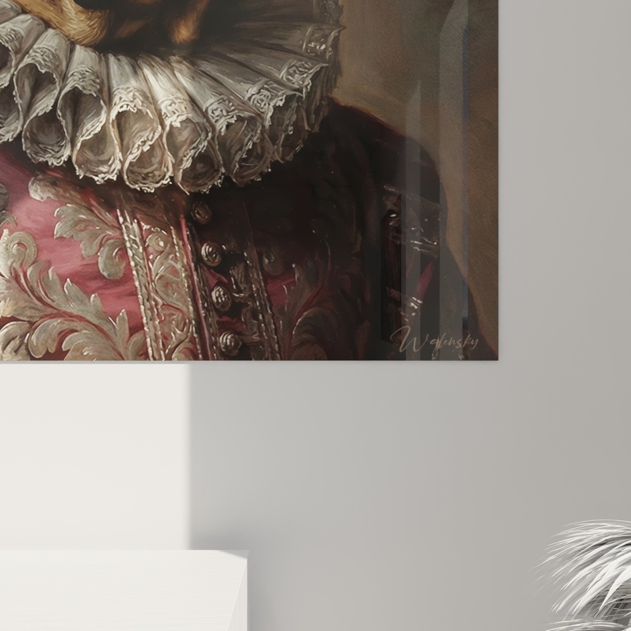 Vue ensemble portrait bullmastiff aristocrate costume bordeaux dore dans interieur salon classique raffiné