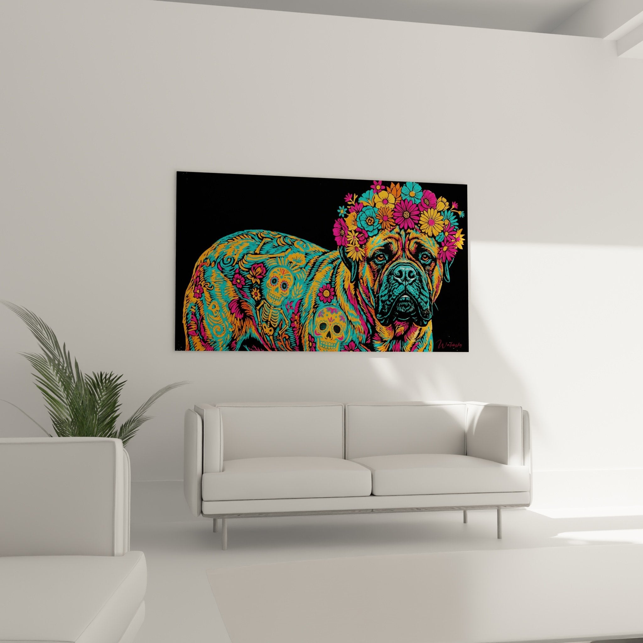 Nahaufnahme Bullmastiff-Porträt in lebhaften Farben mit Blumenmotiven und mexikanischen Schädeldetails künstlerische Details