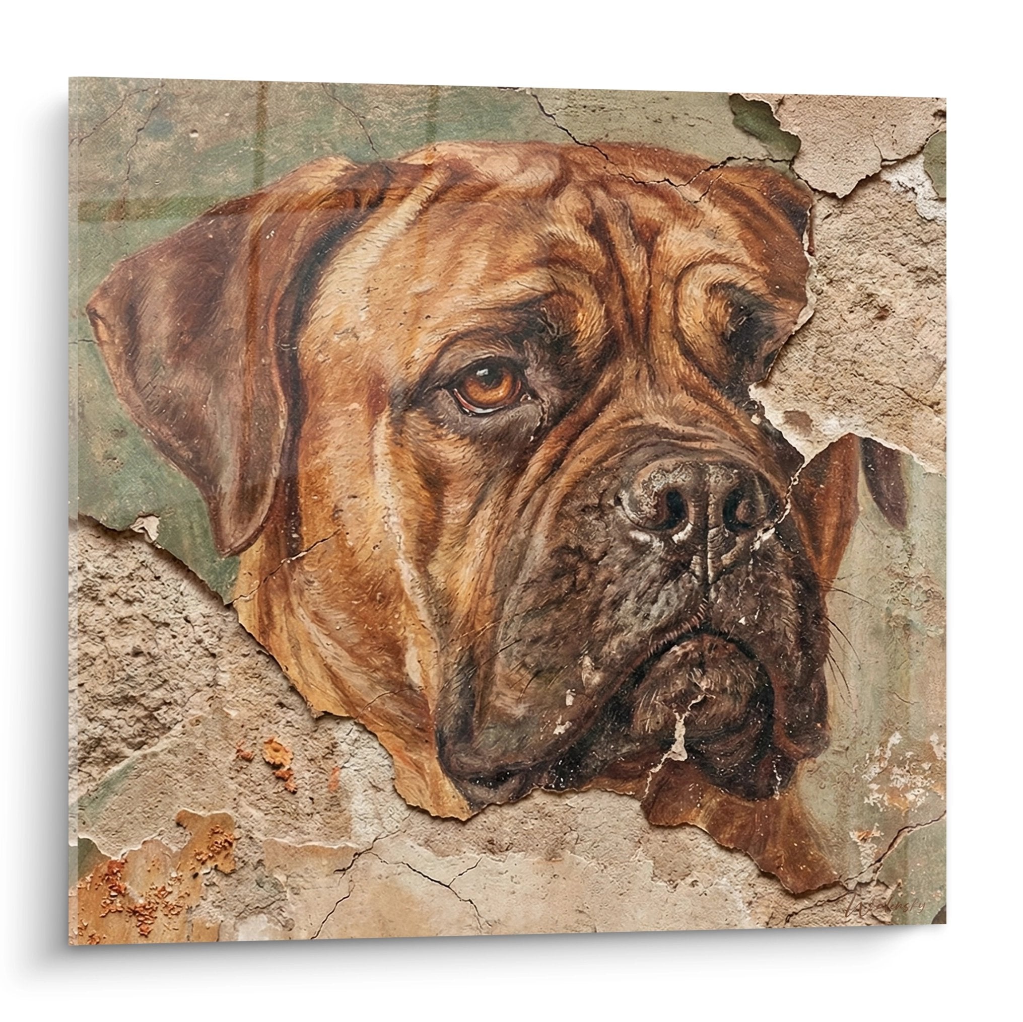 Portrait realiste bullmastiff tons cuivres dores mur ecaille regard ambre intense art mural vintage