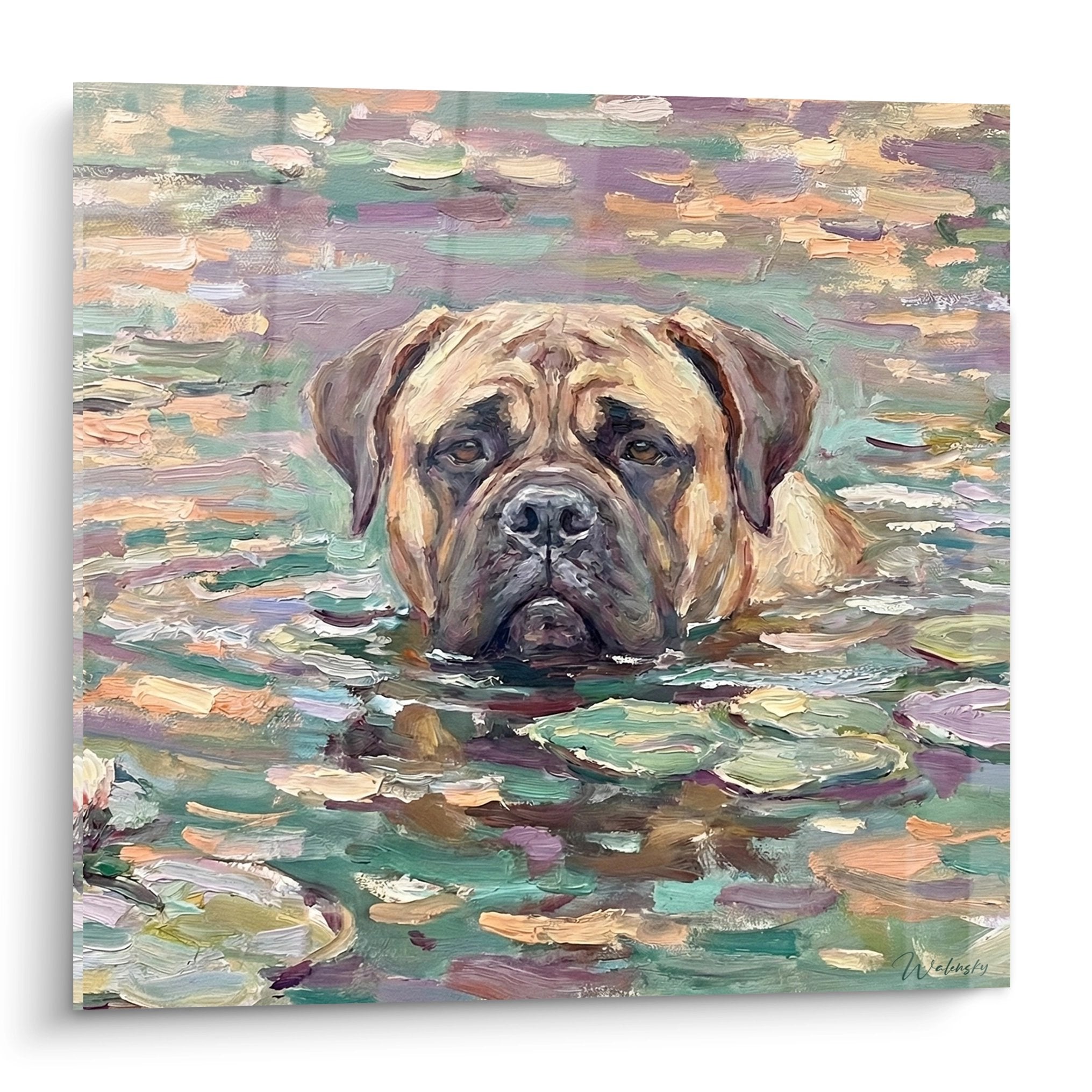 Portrait peinture bullmastiff nageant dans eau tons violets verts regard expressif style impressionniste