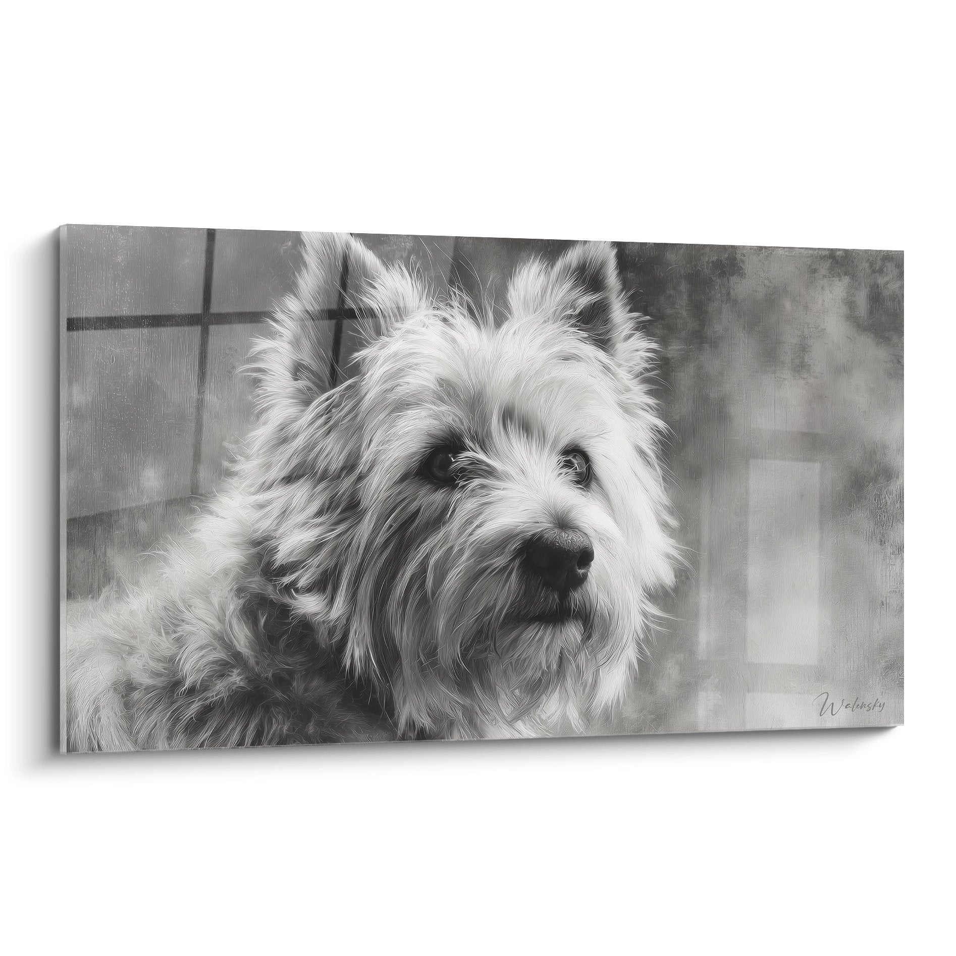 Portrait noir et blanc Cairn Terrier poils hirsutes regard melancolique tableau mural artistique