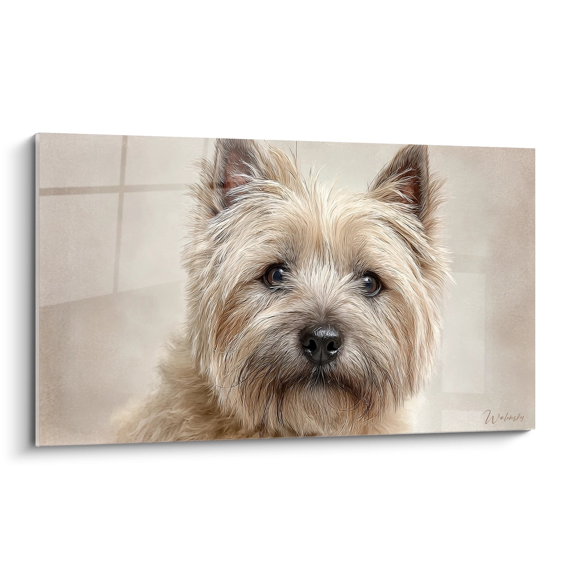 portrait realiste cairn terrier pelage dore regard expressif tons beiges tableau mural artistique