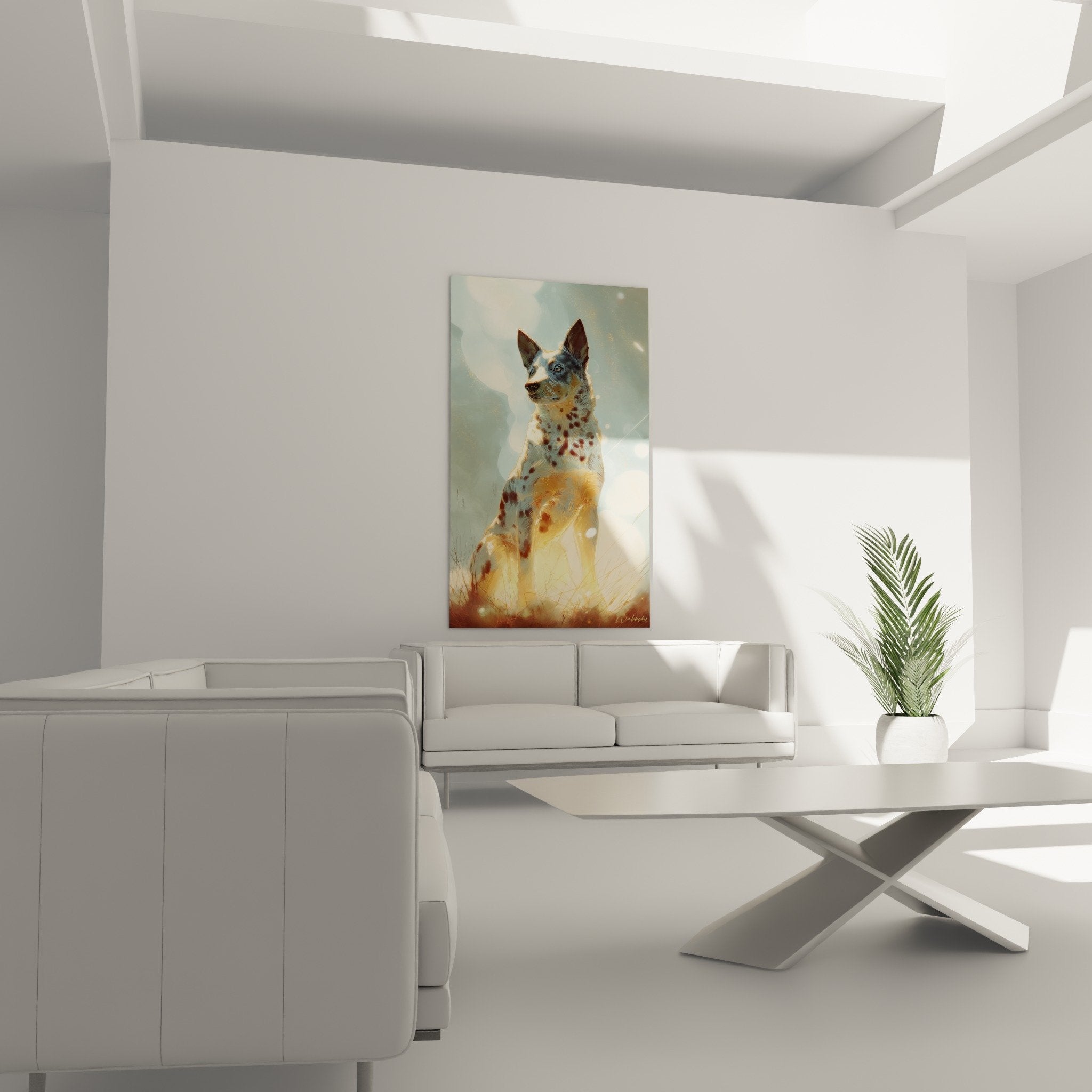 Détail portrait Australian Cattle Dog pelage moucheté bleu-gris dans lumière chaude