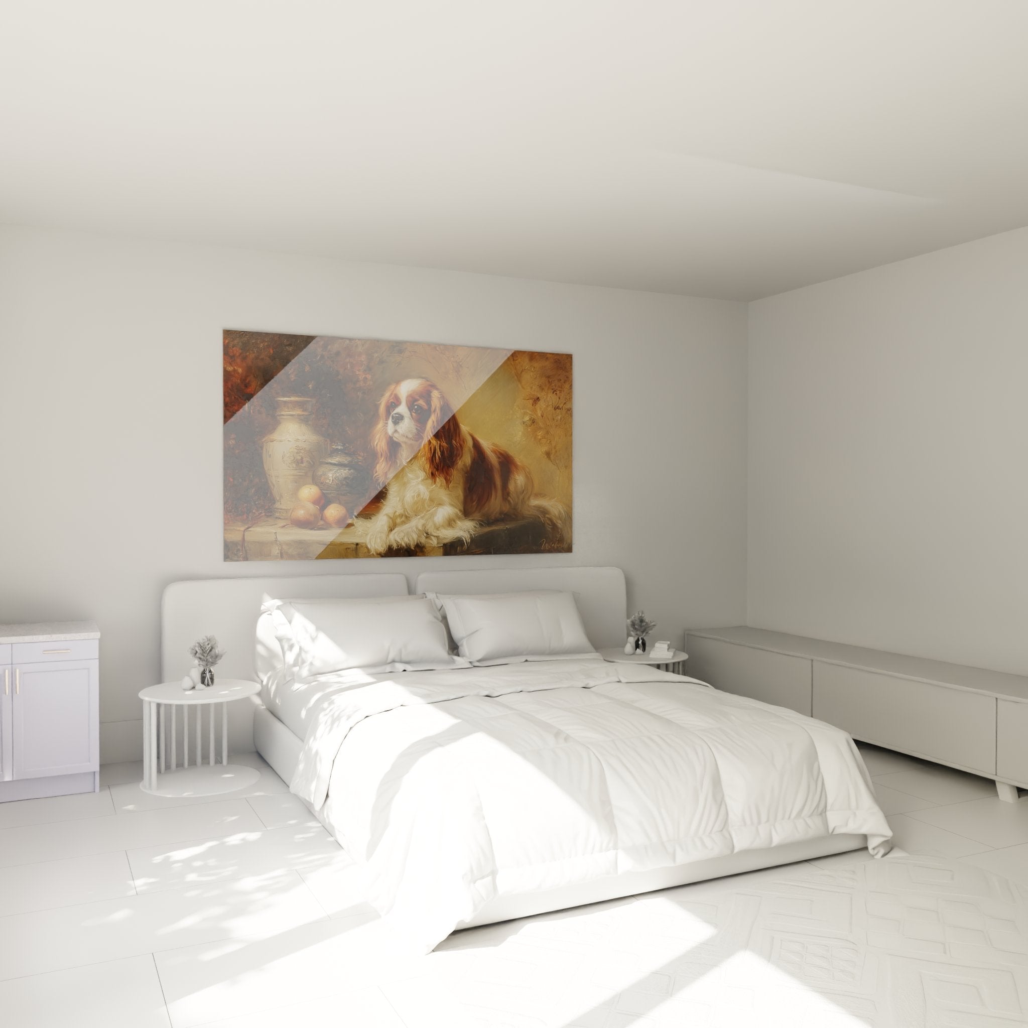 Portrait canin Cavalier King Charles roux décorant chambre aux tons chauds avec mobilier bois sombre