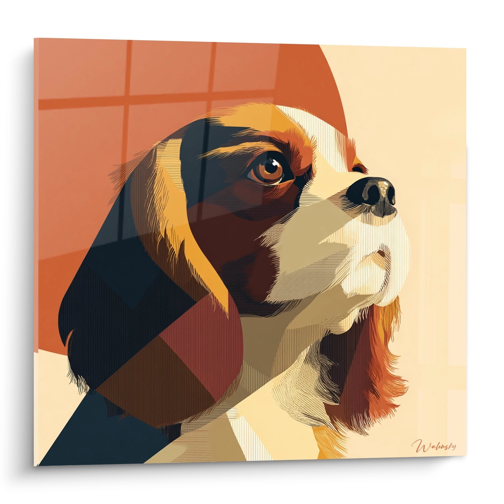 Portrait moderne cavalier king charles tons oranges geometrique art contemporain chien