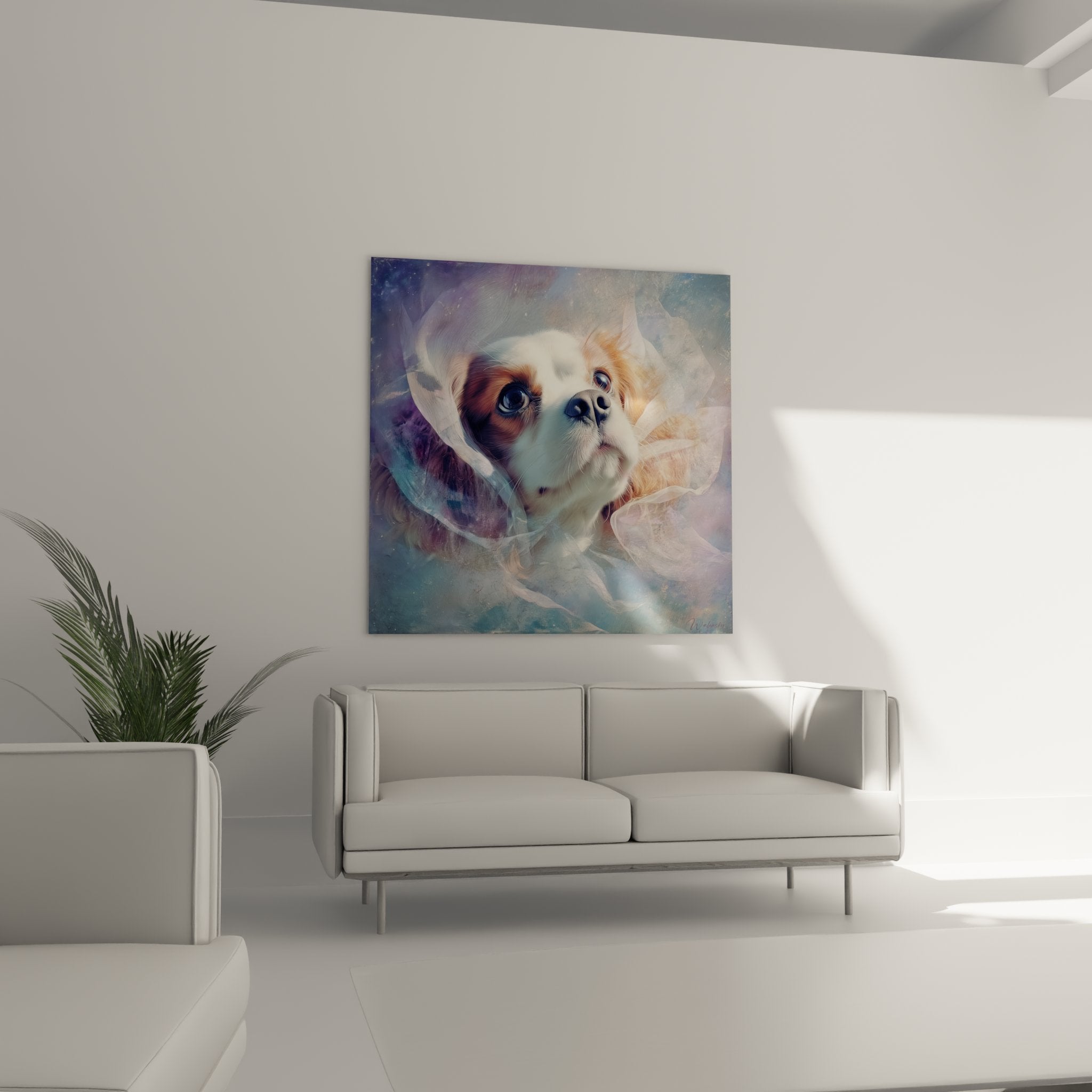 Detail portrait cavalier king charles yeux bleus pelage tricolore volutes colorees