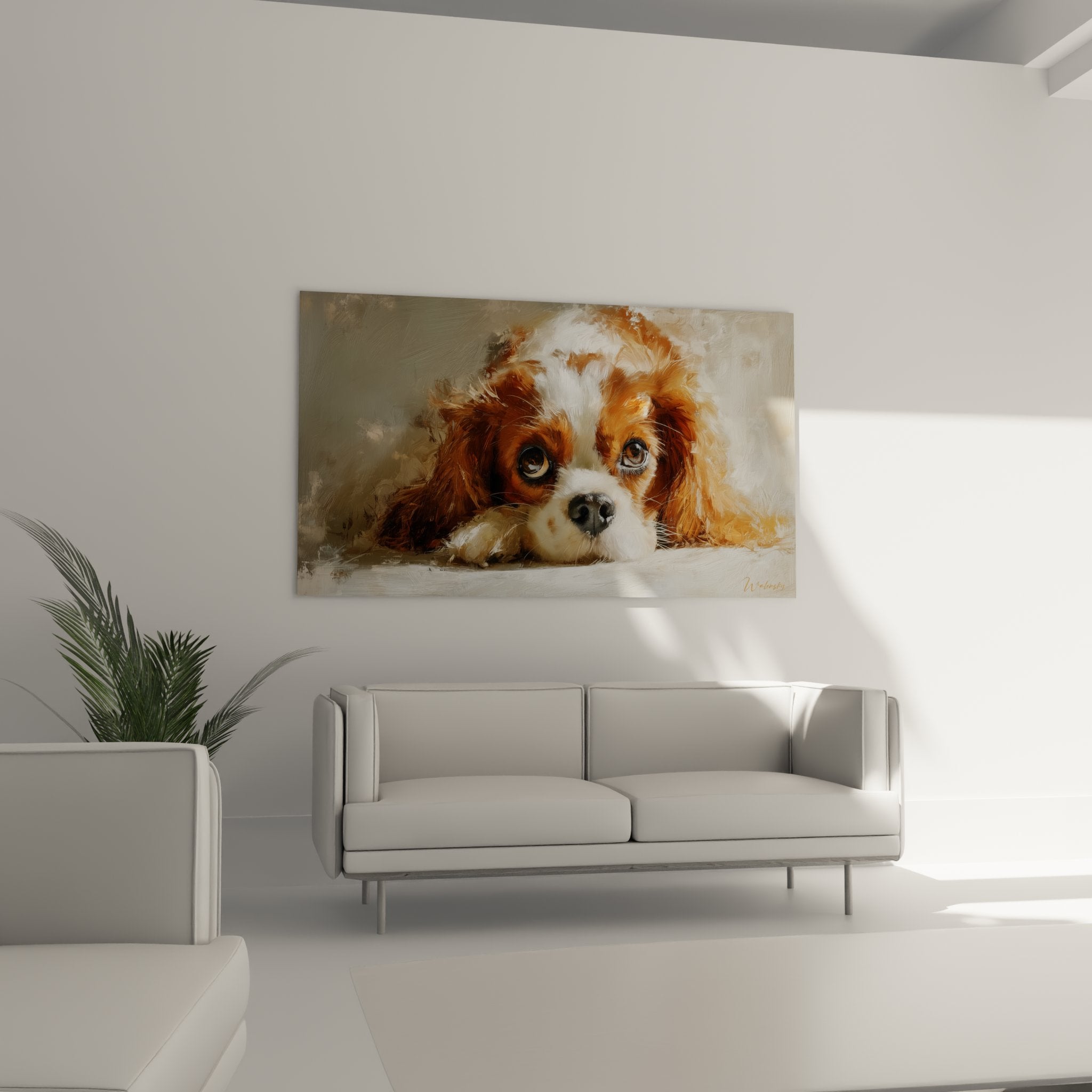 Gros plan yeux expressifs cavalier king charles portrait peinture detaillee pelage soyeux roux et blanc