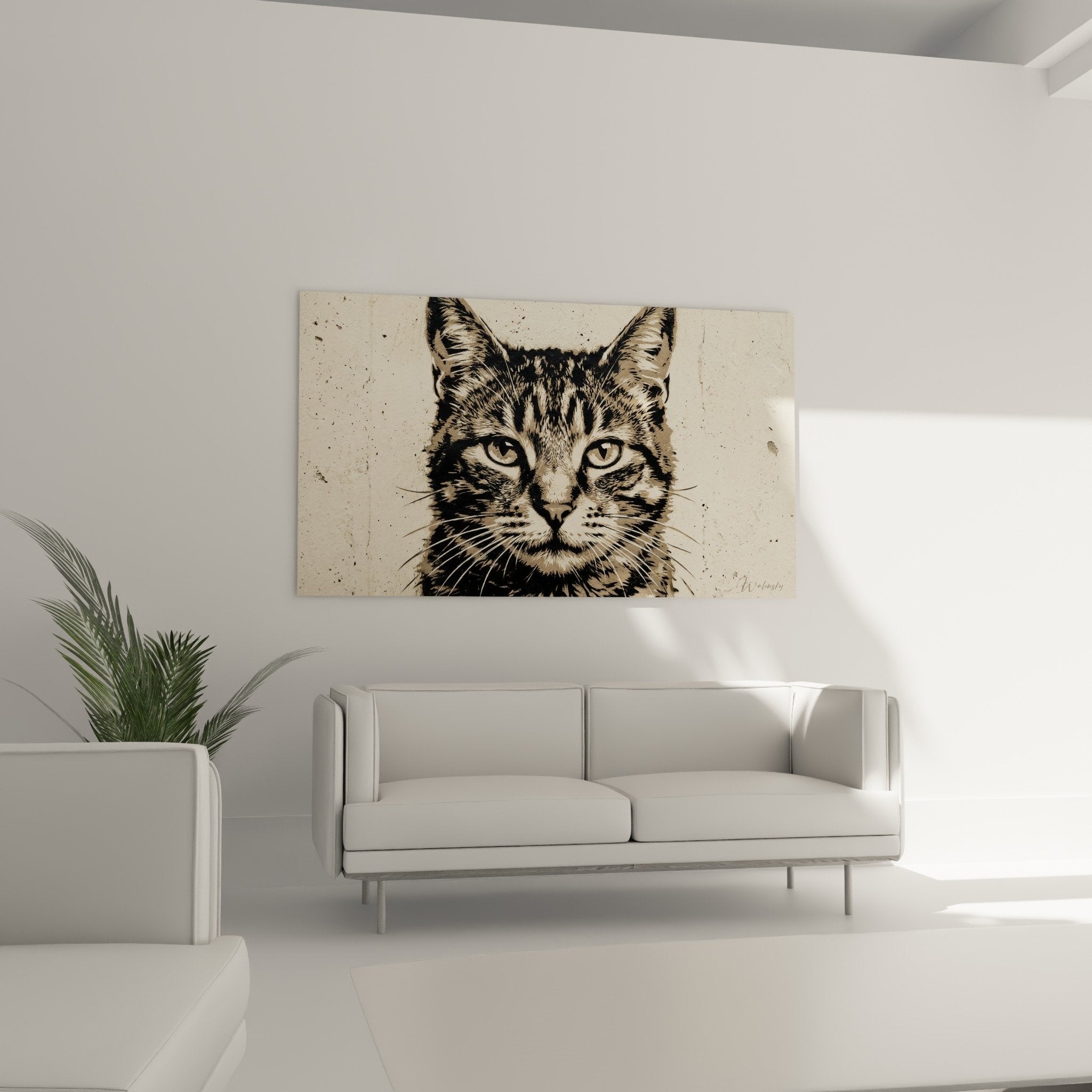 Gros plan portrait chat tigre street art yeux verts perçants rayures brunes moustaches fines details