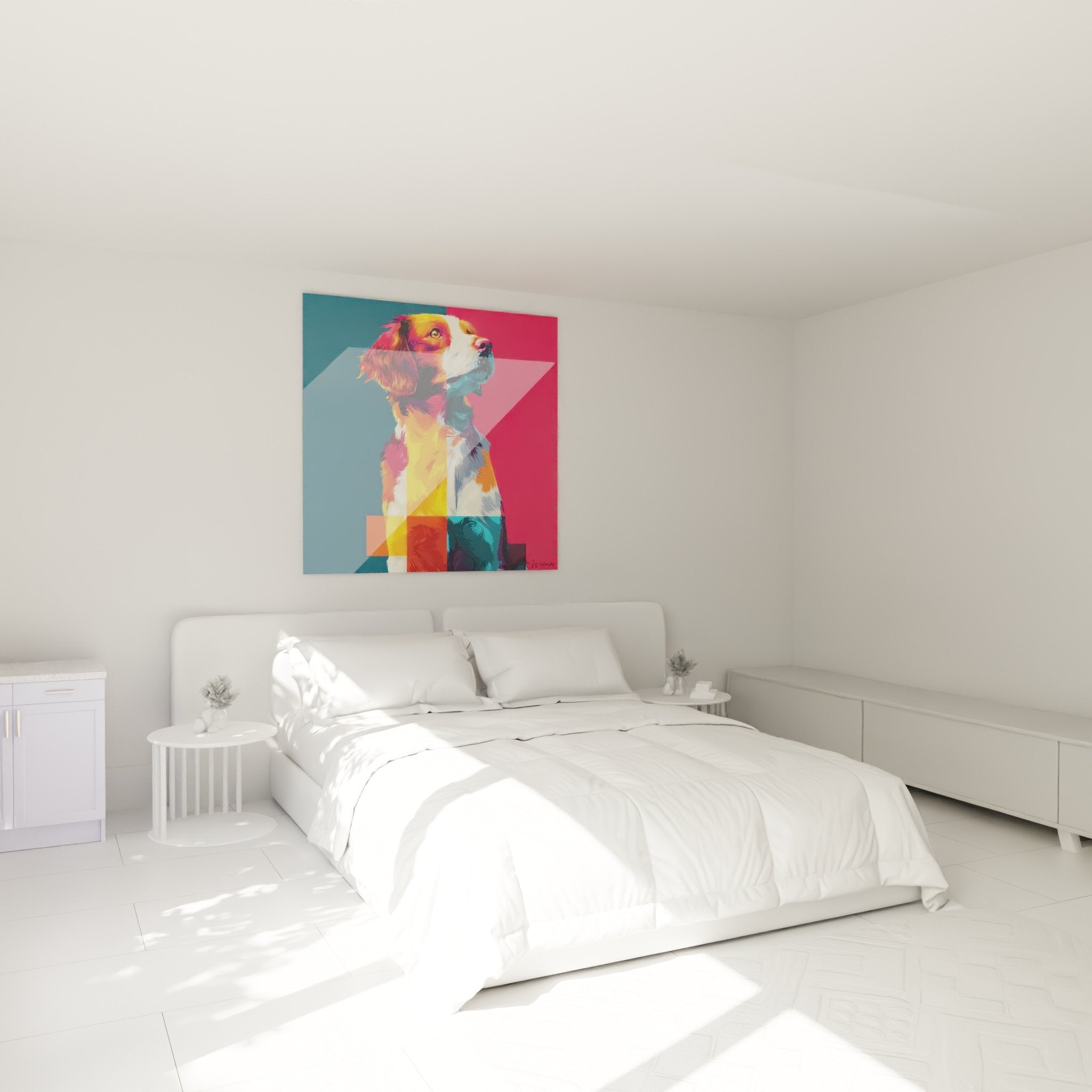 Künstlerisches farbiges Hundeporträt im zeitgenössischen Stil als Wanddekoration im Schlafzimmer