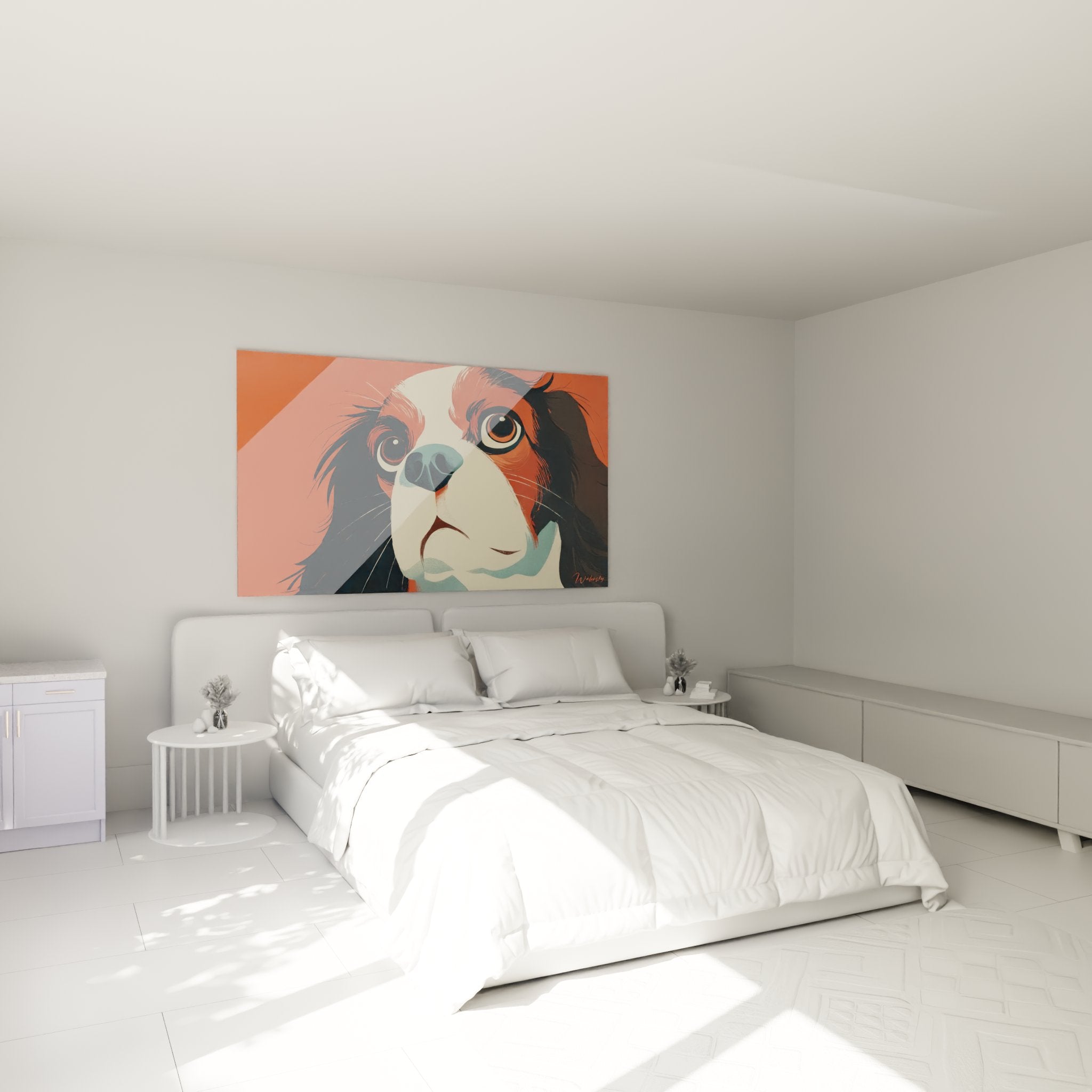 Künstlerisches Porträt Cavalier King Charles in modernem Schlafzimmer mit eleganter Wanddekoration