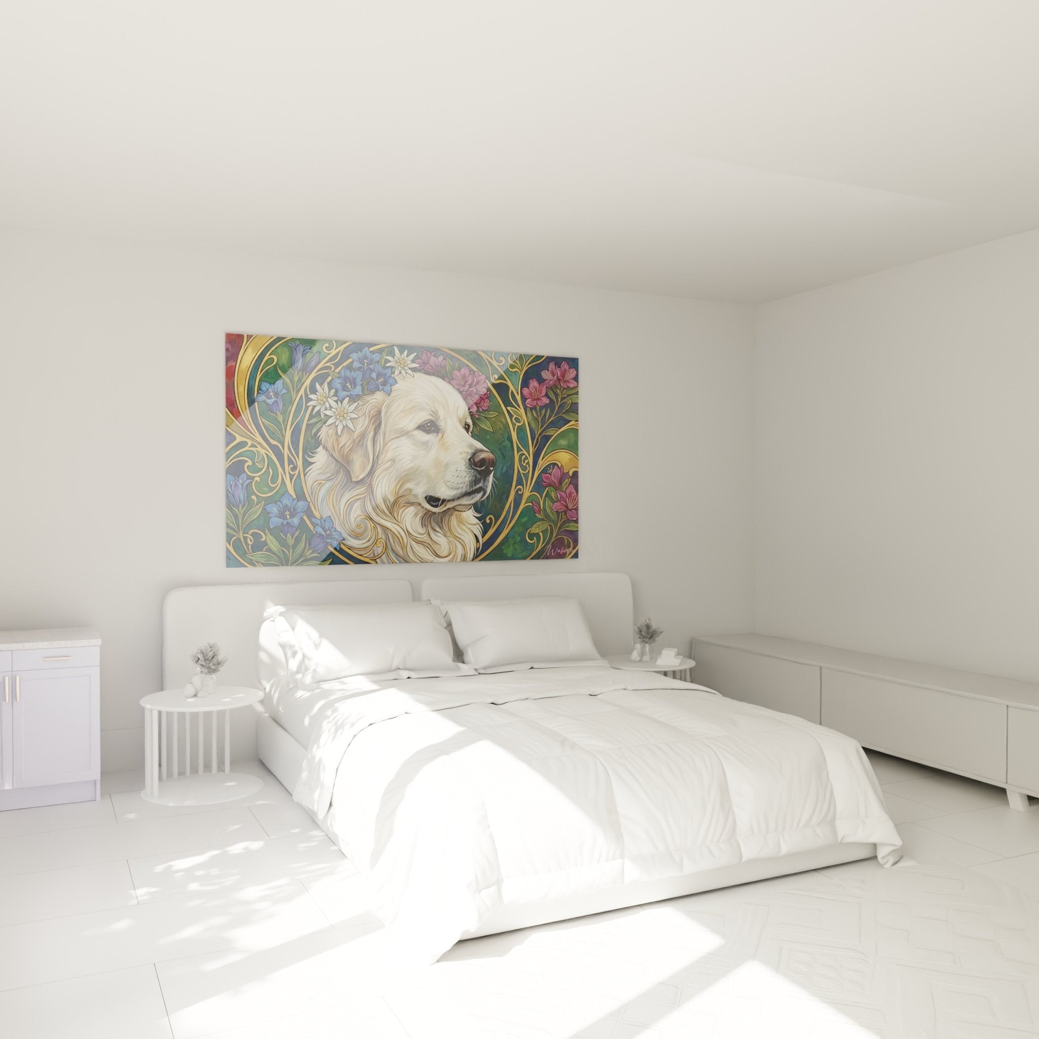 Gemälde goldener Hund mit Bergblumen in zeitgenössischem Schlafzimmer mit beigen Wänden