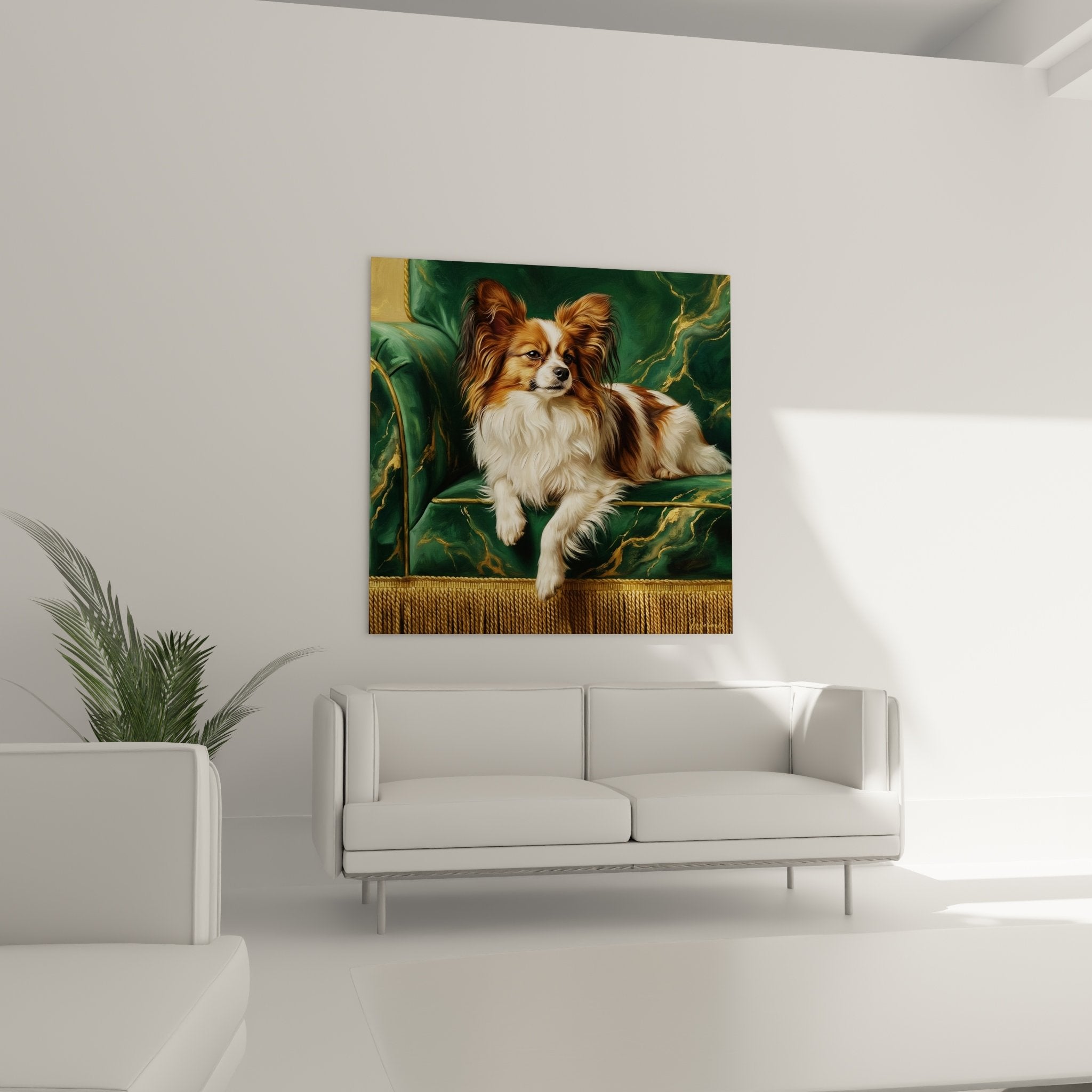 Detail portrait chien papillon aux oreilles frangees pelage roux blanc sur malachite doree