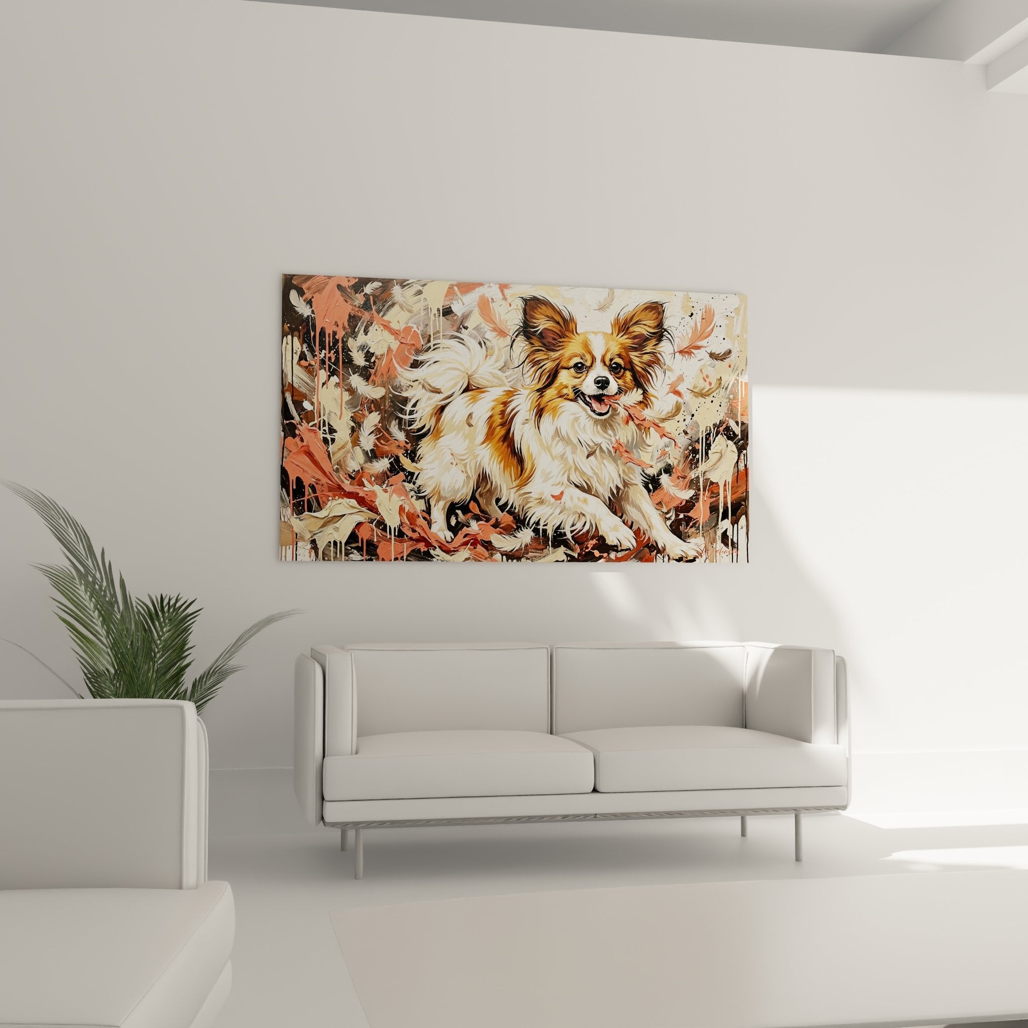 Gros plan chien papillon langue rose yeux petillants pelage fauve et blanc technique peinture detaillee