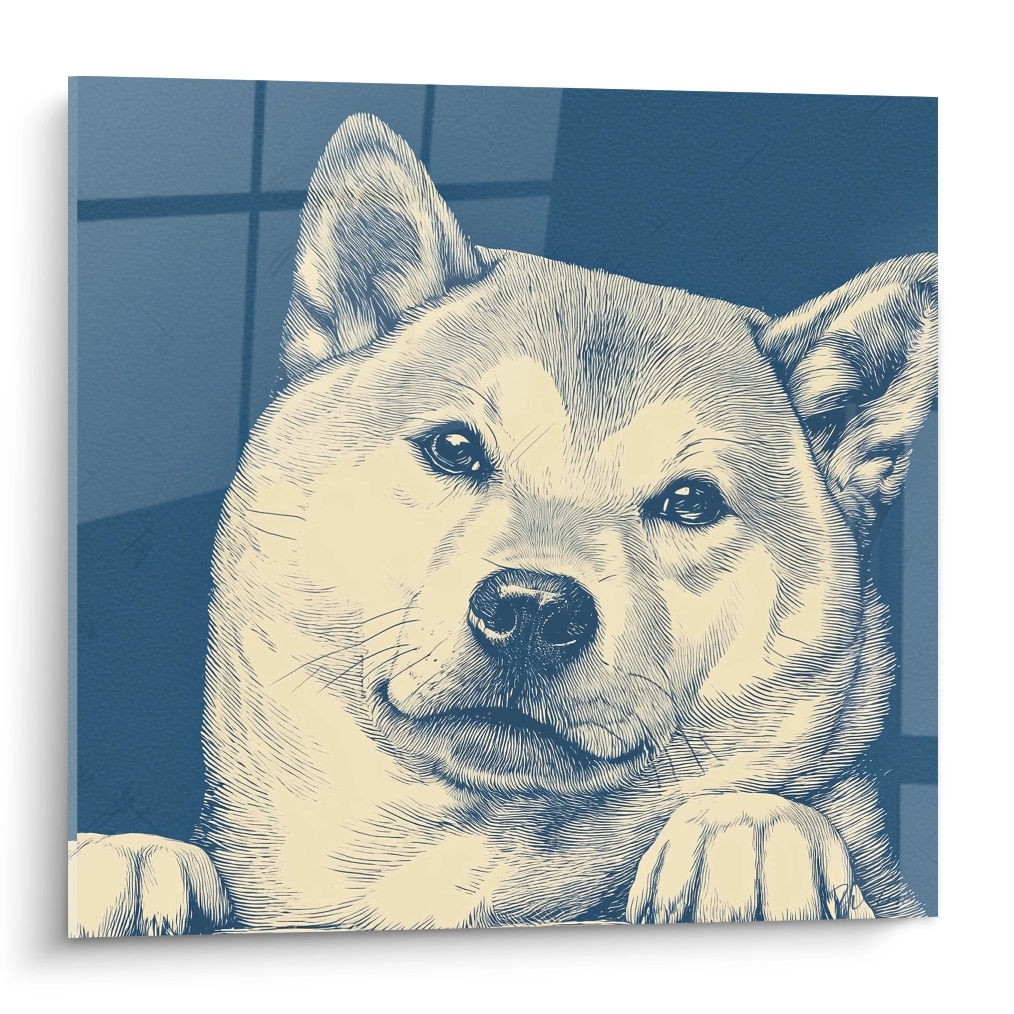 Artistic Shiba Inu portrait in blue and cream tones, expressive and kind gaze, contemporary engraving style