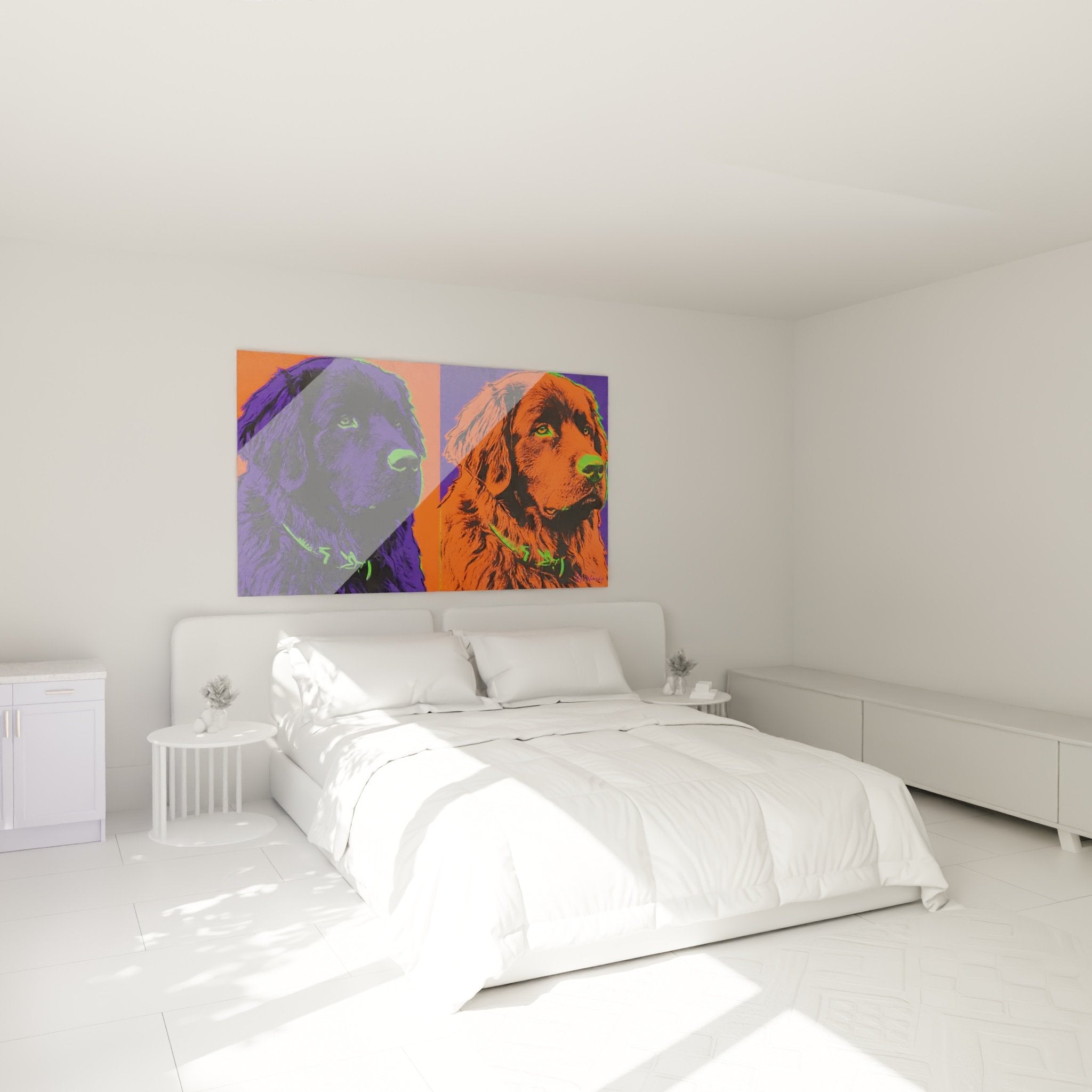 Portrait duo de chiens Terre Neuve style pop art violet orange dans une chambre moderne aux murs blancs