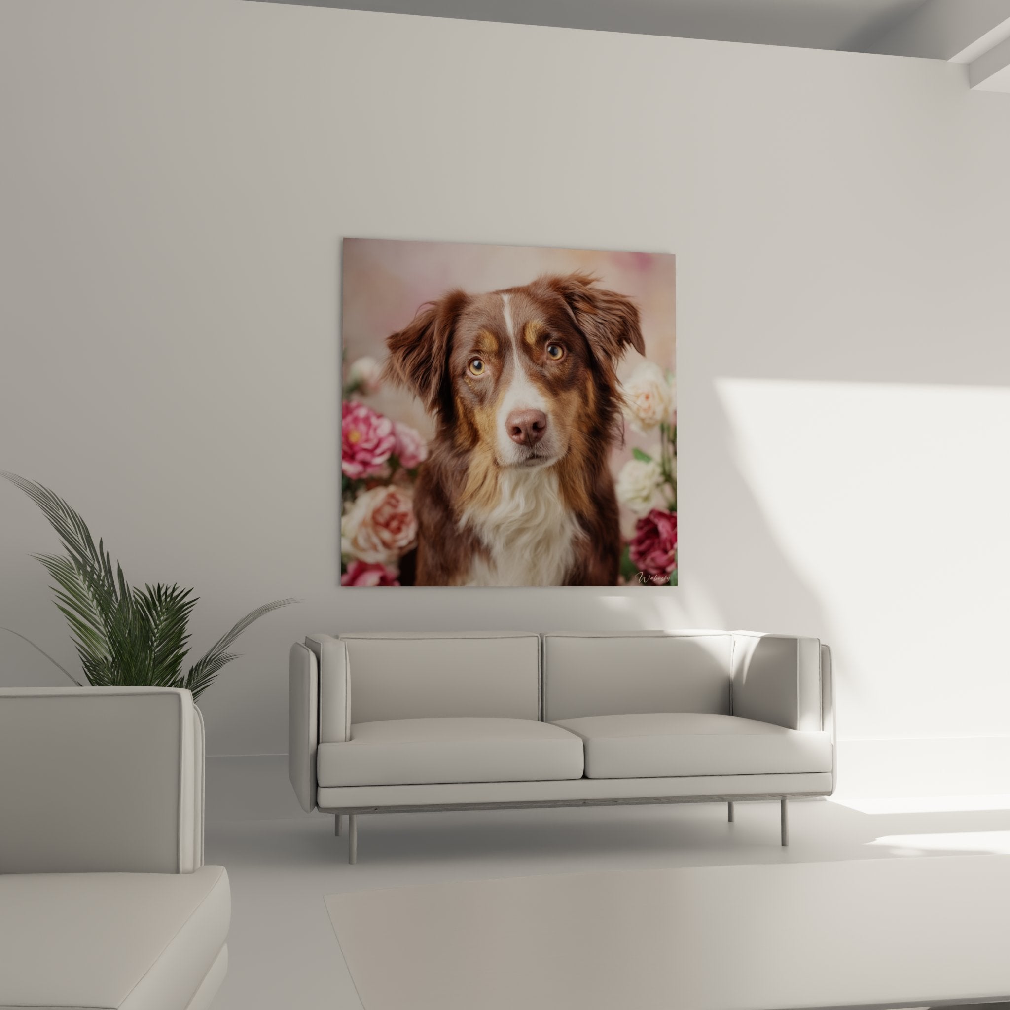 Nahaufnahme des ausdrucksstarken goldenen Blicks des dreifarbigen Australian Shepherd mit Blüten