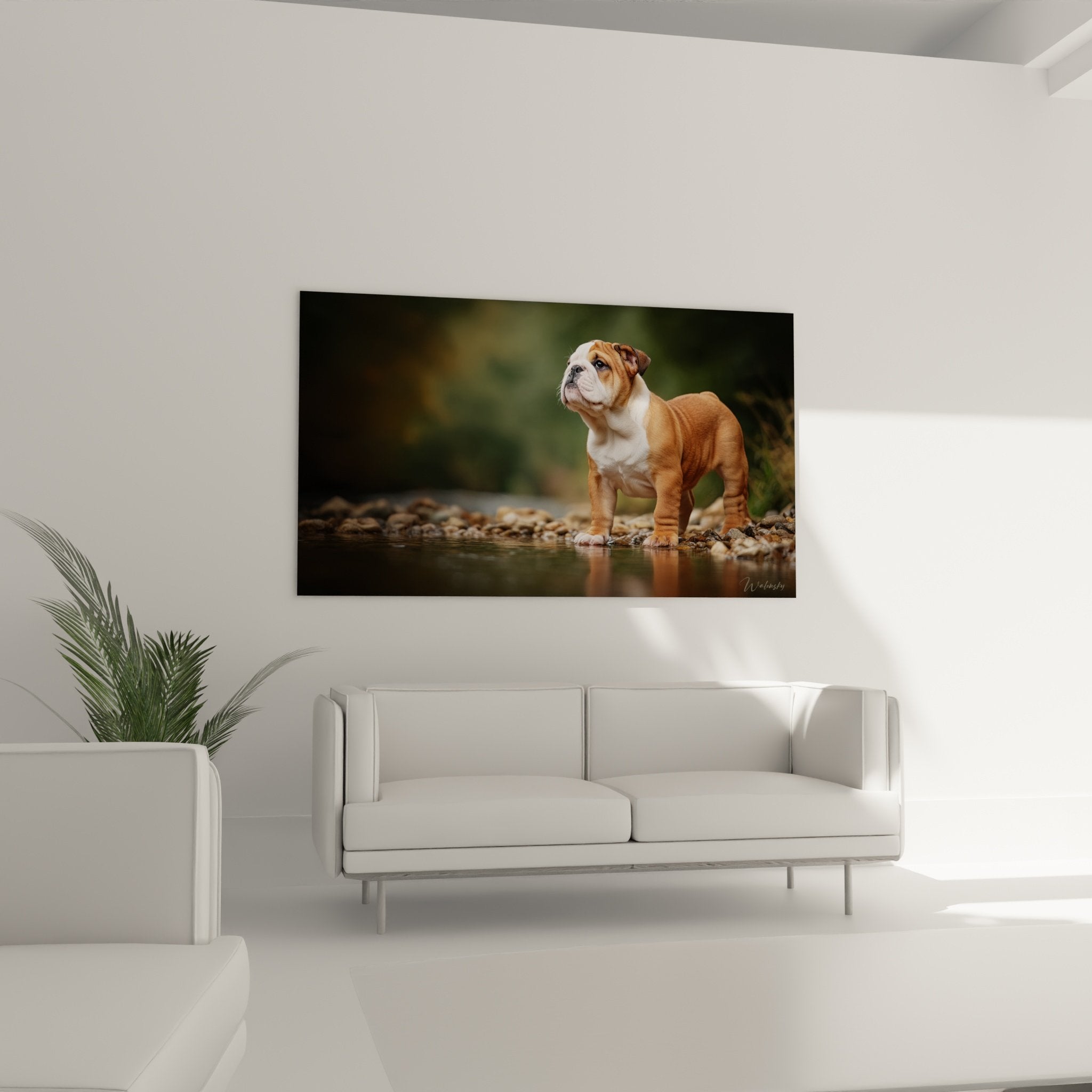 Detail portrait chiot bouledogue anglais pelage fauve blanc expression tendre regard contemplatif