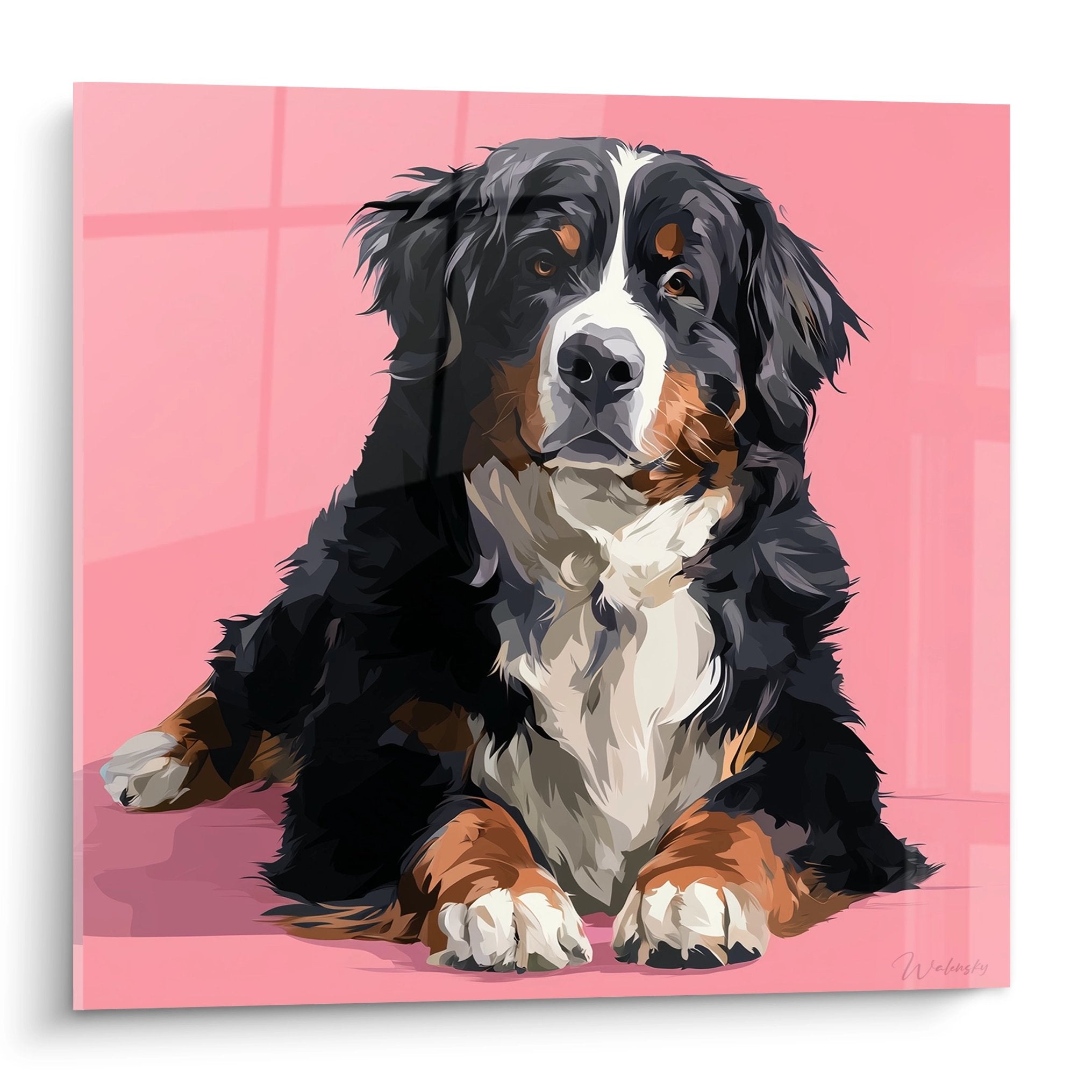 Modern portrait tri-color Bernese Mountain Dog puppy sitting on pastel pink background contemporary art
