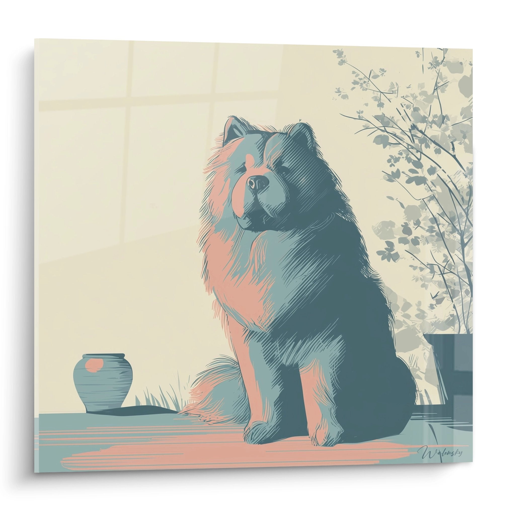 Tableau portrait de Chow Chow assis aux tons bleu-vert et roses dans intérieur moderne avec vase et plante