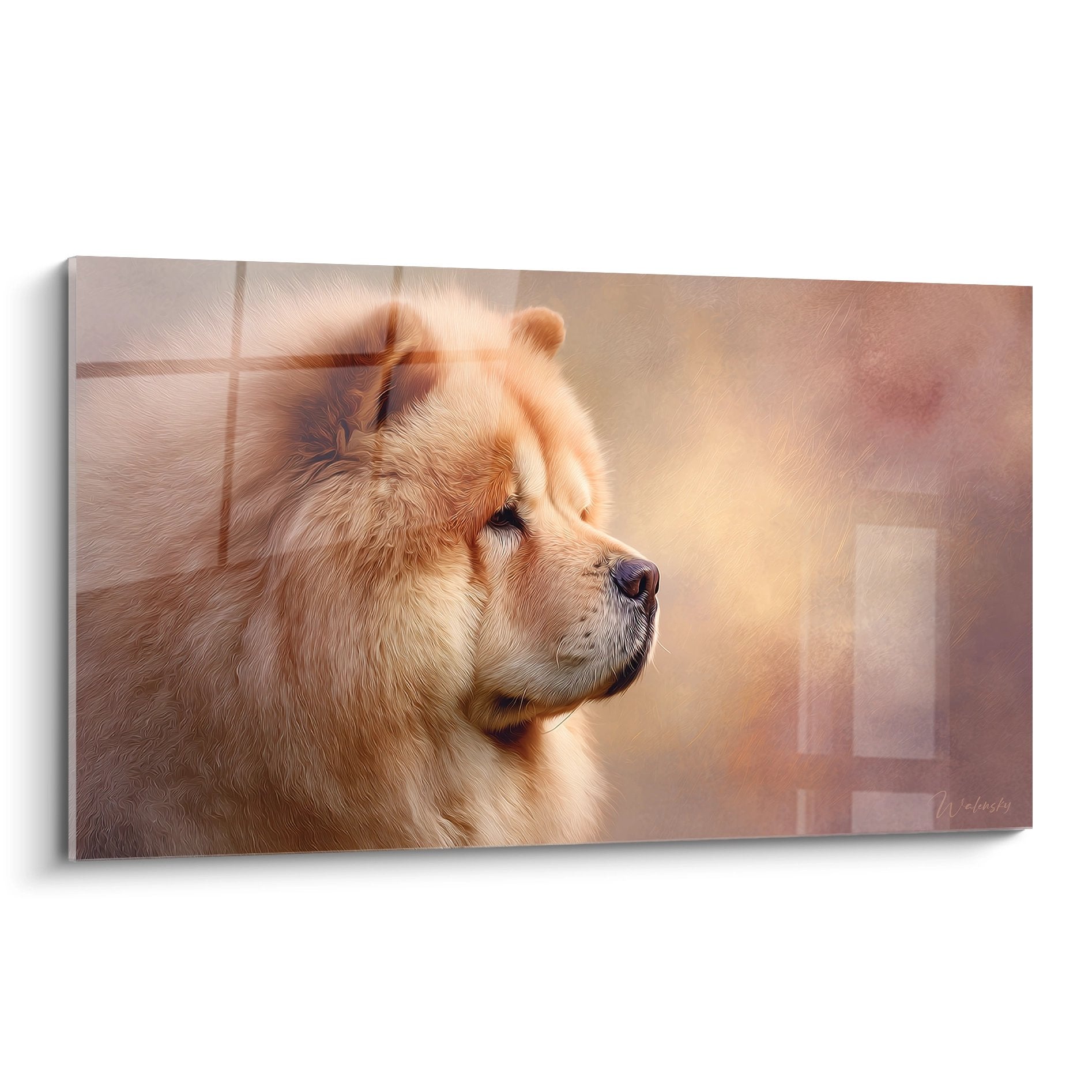 Portrait artistique Chow Chow pelage crème tons dorés regard contemplatif arrière-plan flou rosé tableau mural décoratif