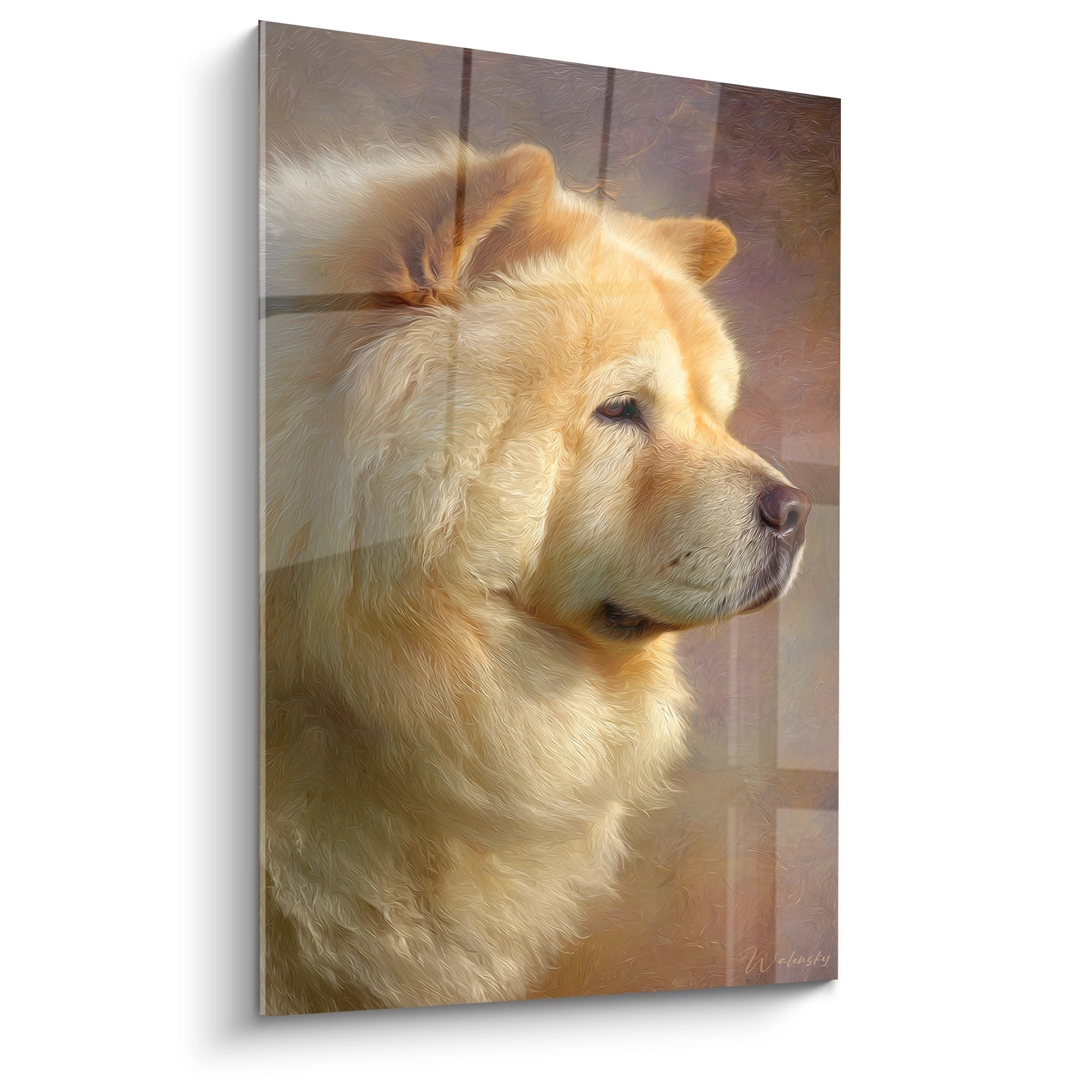 Portrait de Chow Chow doré au regard contemplatif sur fond terre cuite - Tableau animalier chaleureux