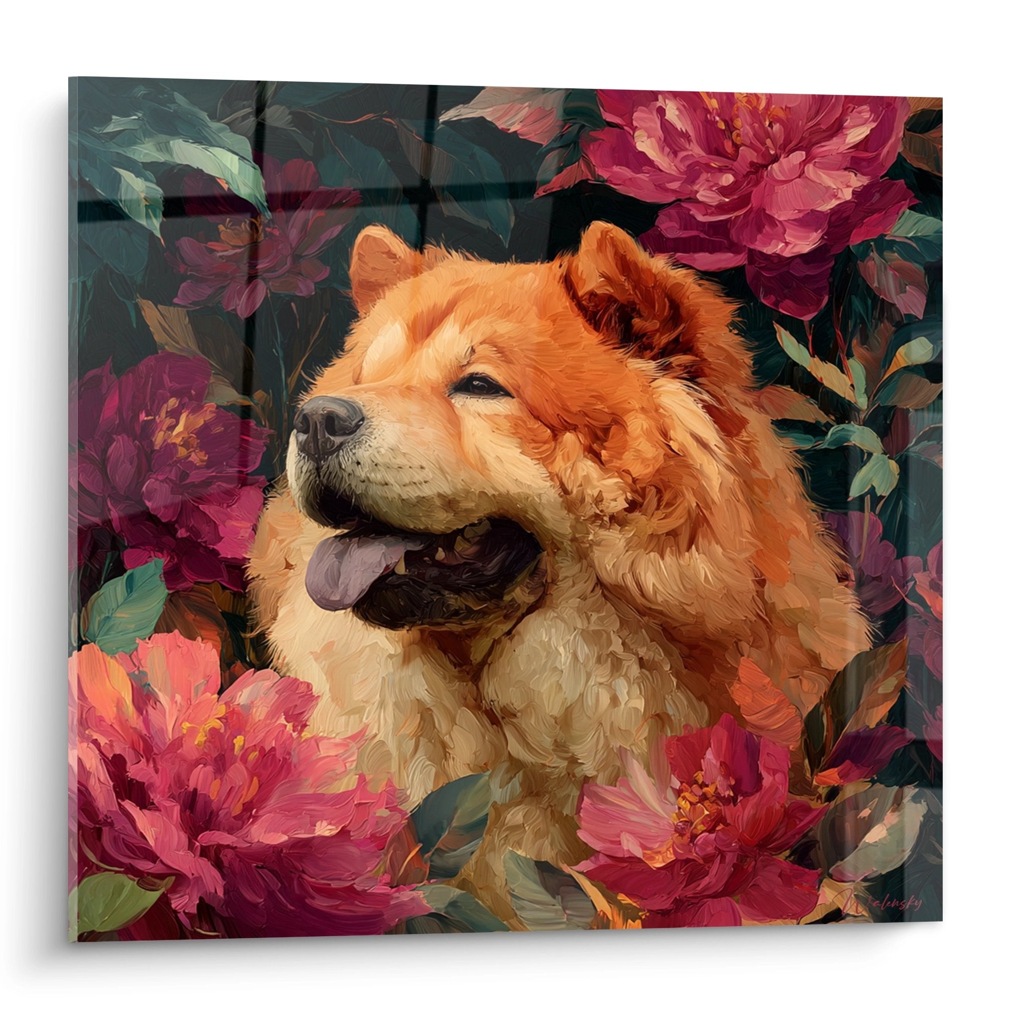 Portrait artistique de Chow Chow roux au regard serein entouré de pivoines roses et feuillages verts sur fond sombre