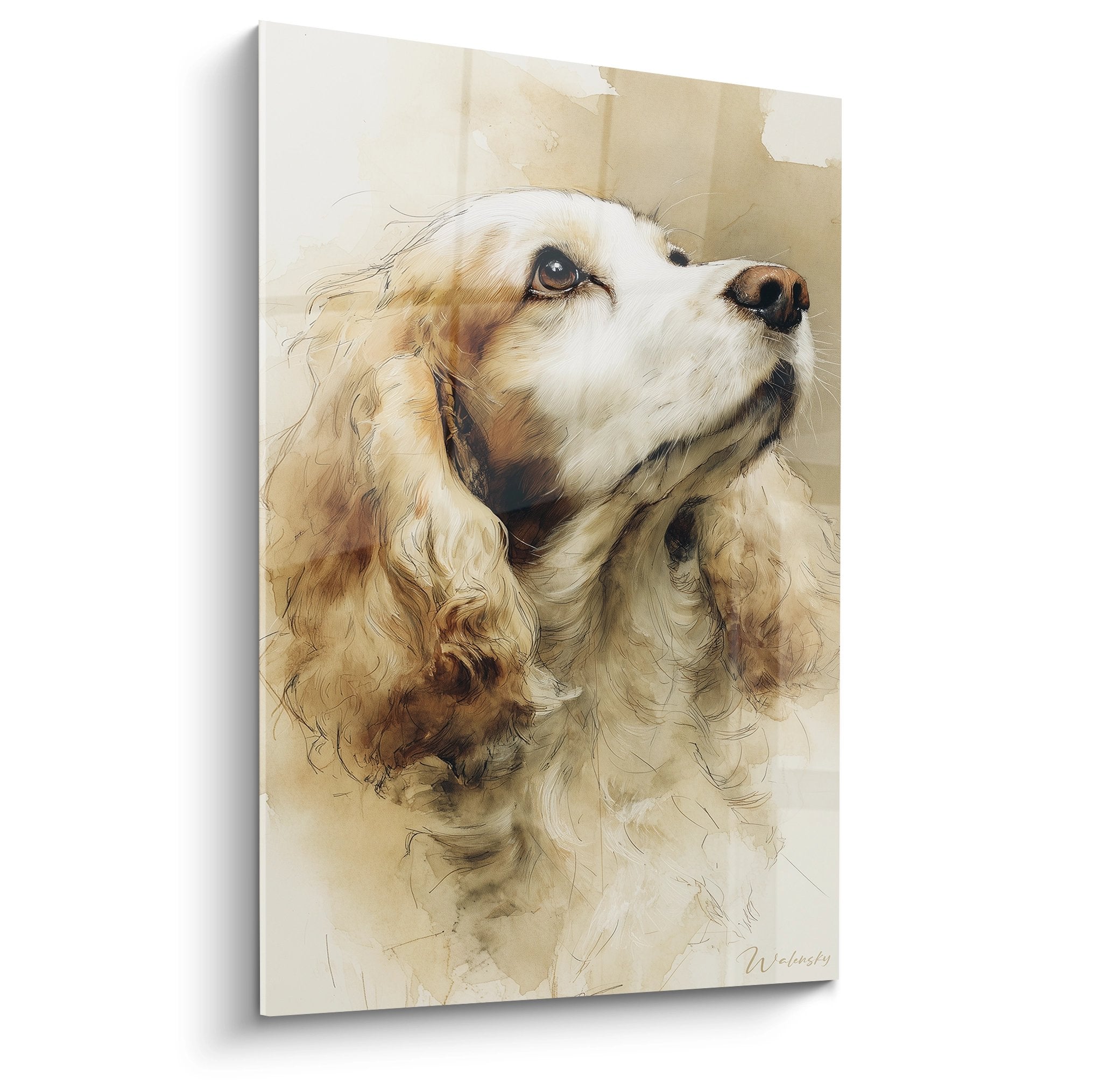 Portrait artistique Cocker Americain tons dores regard vers ciel pelage soyeux style pictural vaporeux