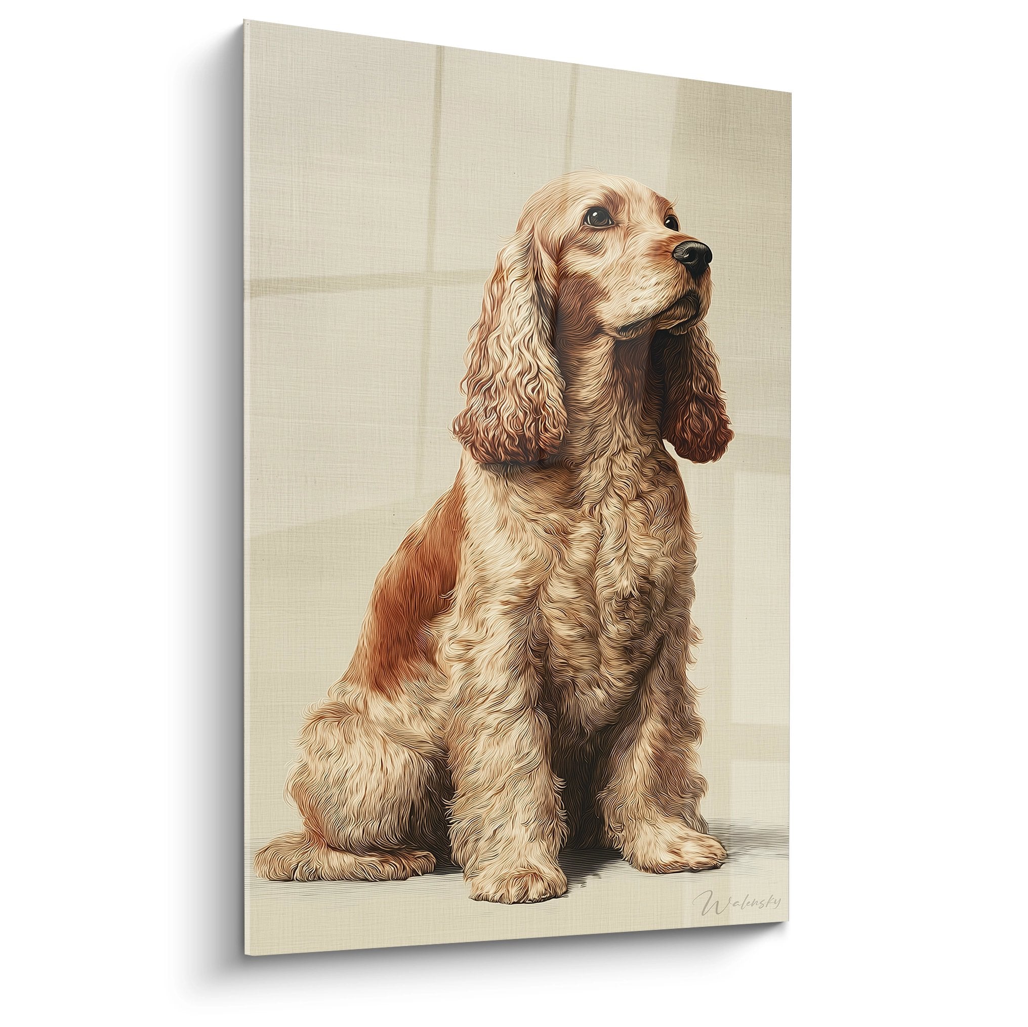 Portrait artistique de Cocker Americain au pelage dore et creme assis sur fond beige neutre